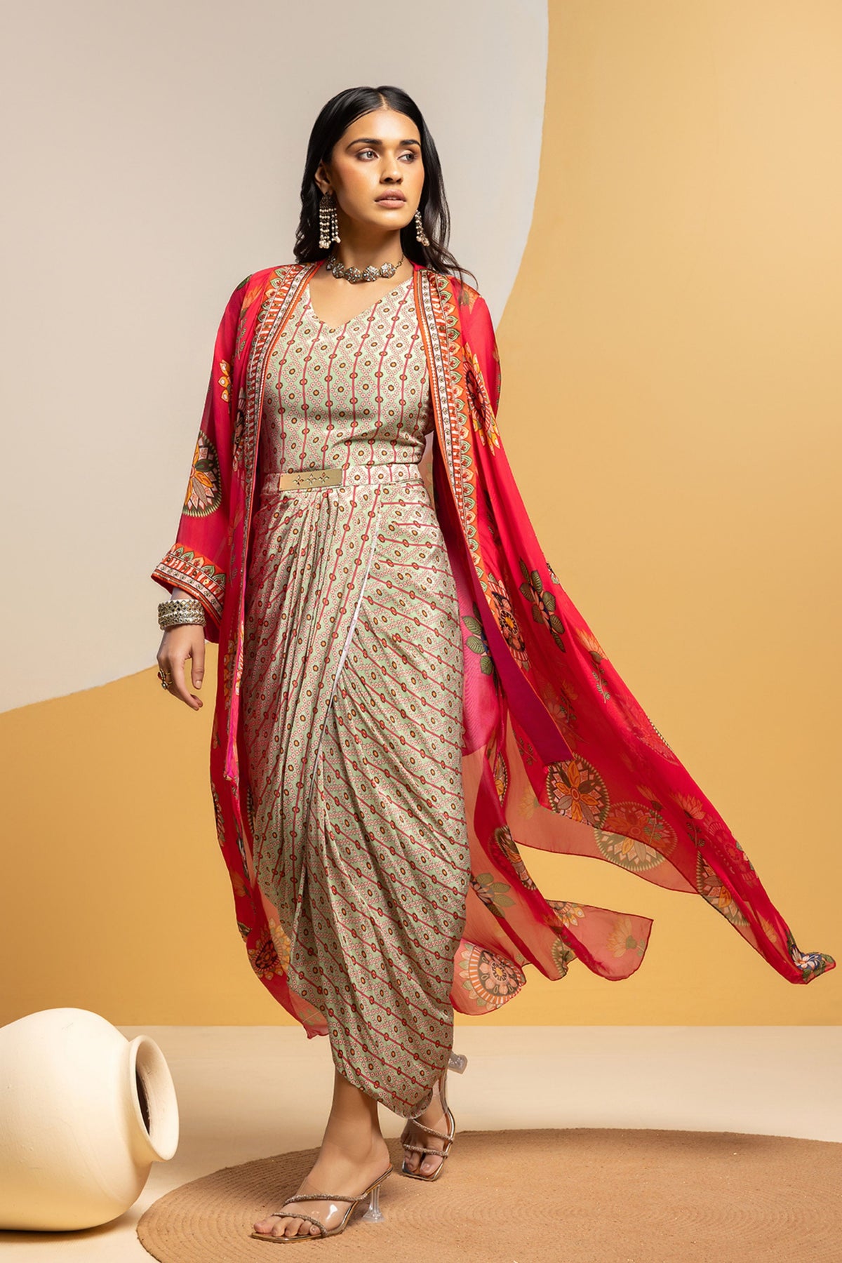Multicolor Embellished Jacket Set