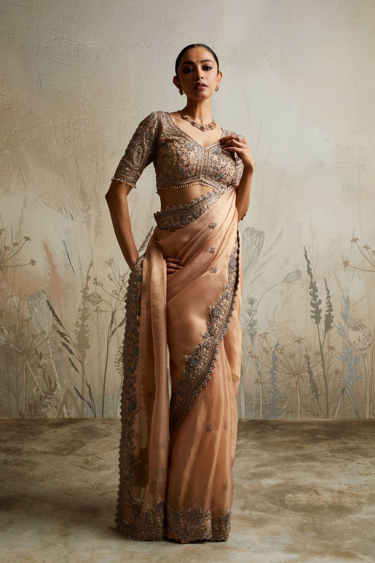 Peach Resham Maal Saree Set