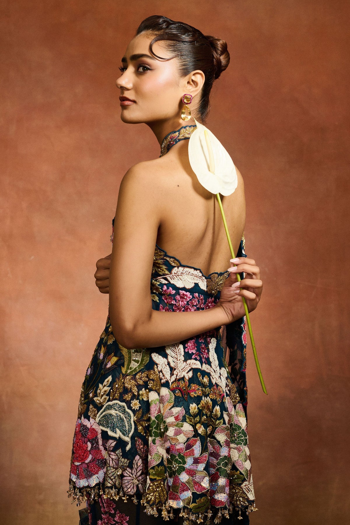 Navy Blue Patchwork Peplum Sharara Set