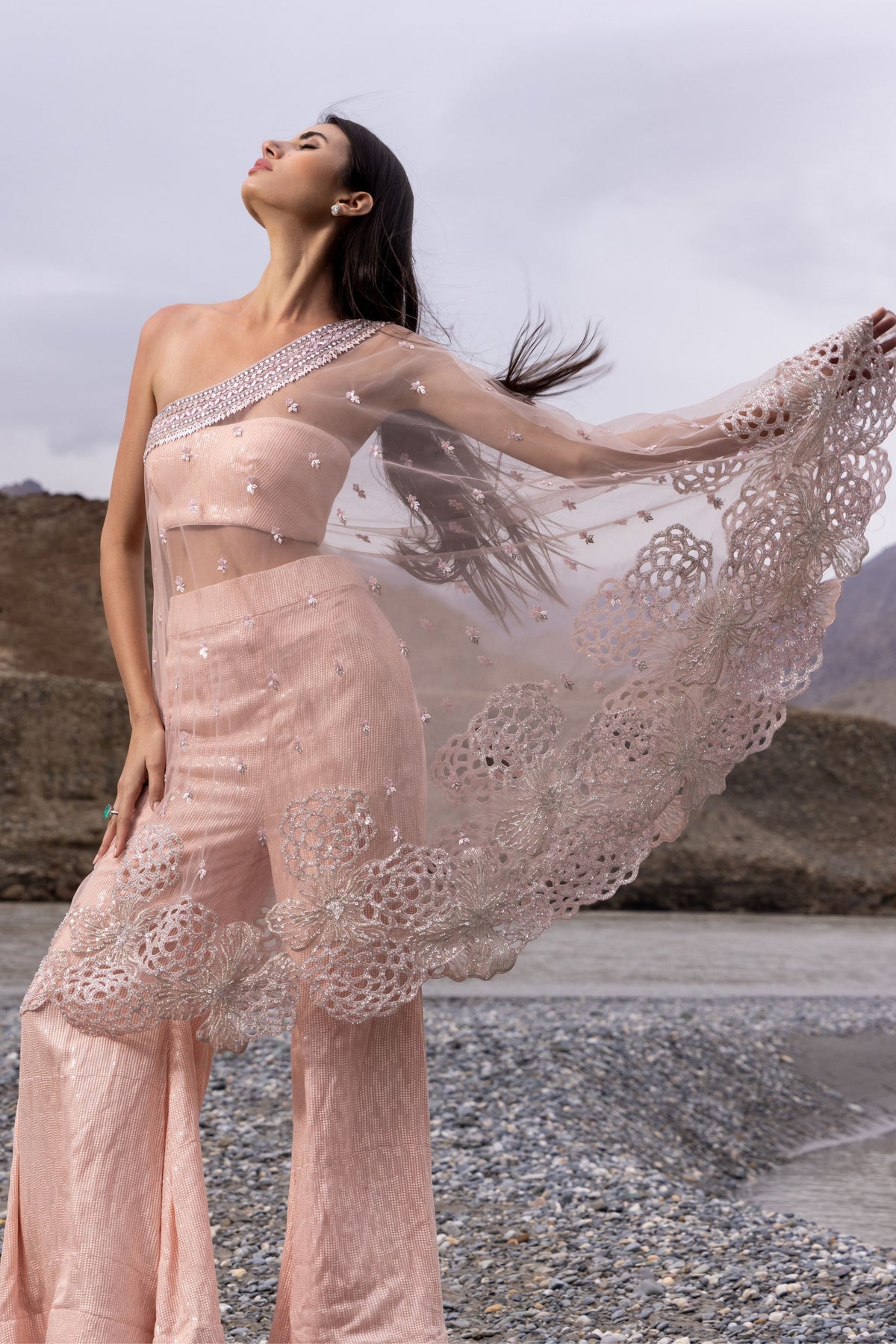 Pink One Shoulder Cape Set