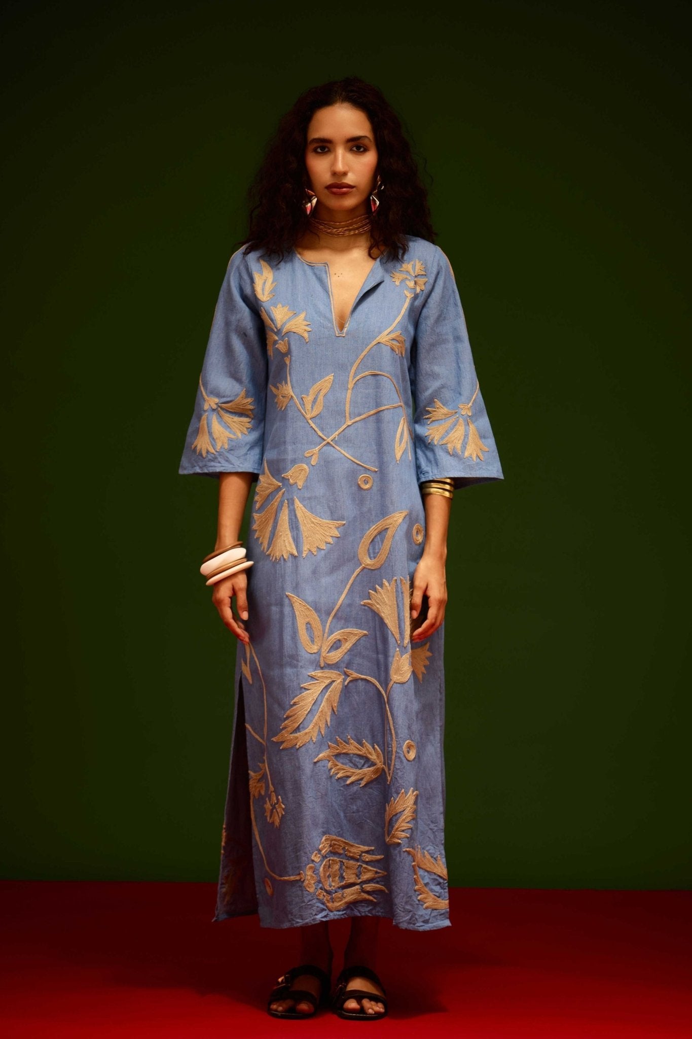 Denim Blue Cotton Maxi Dress with Thread Embroidery Xs Denim Blue Cotton Maxi Dress with Thread Embroidery Xs