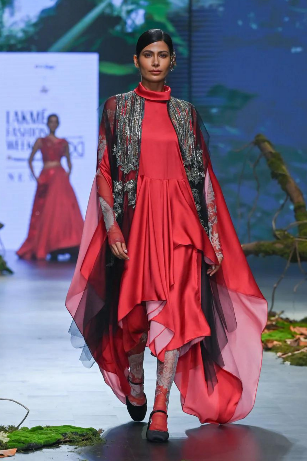 Red Printed Dress With Black Cape Set