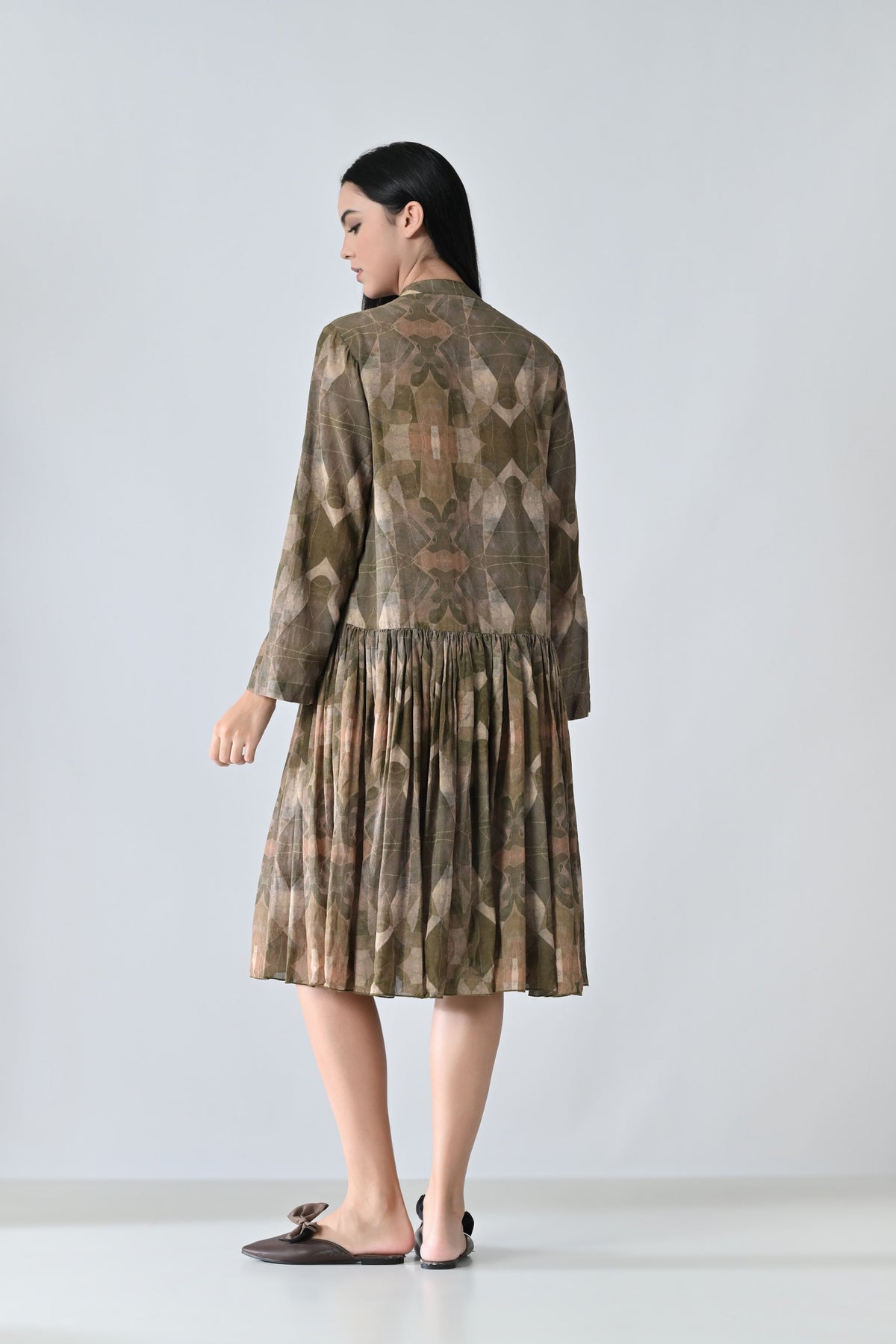 Beige Printed Pleated Dress