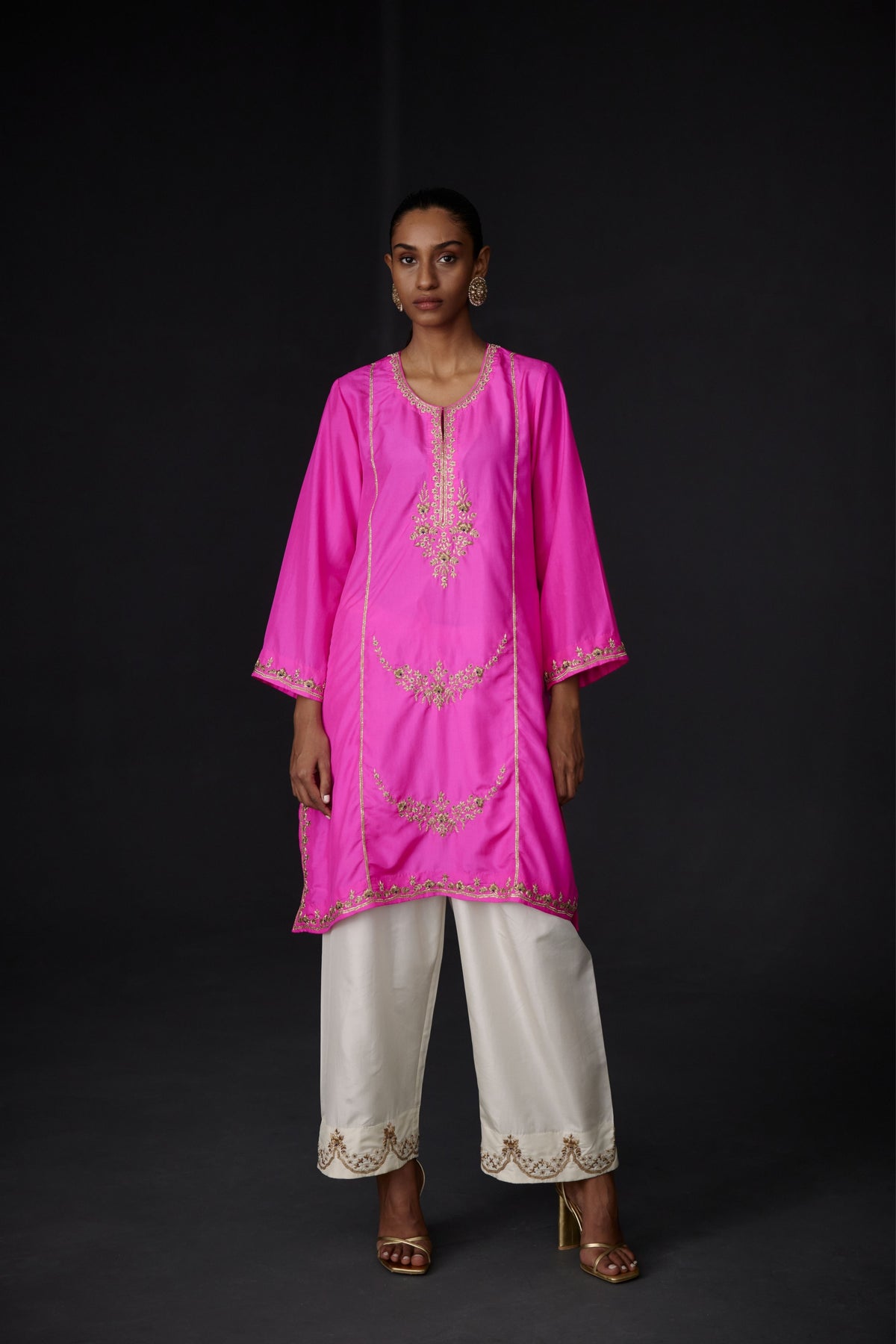 Embroidered Tunic Set in Hot Pink and Ivory