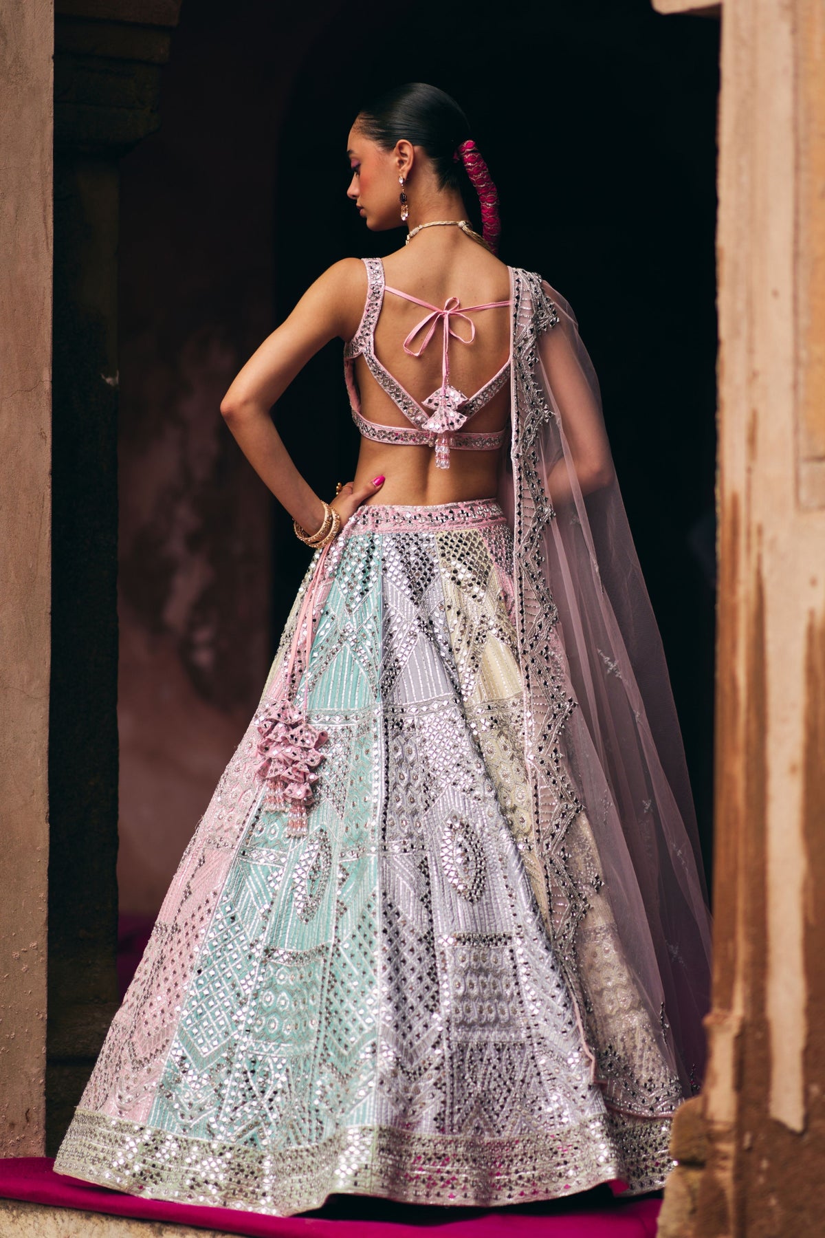 Multi Raw Silk Lehenga Set