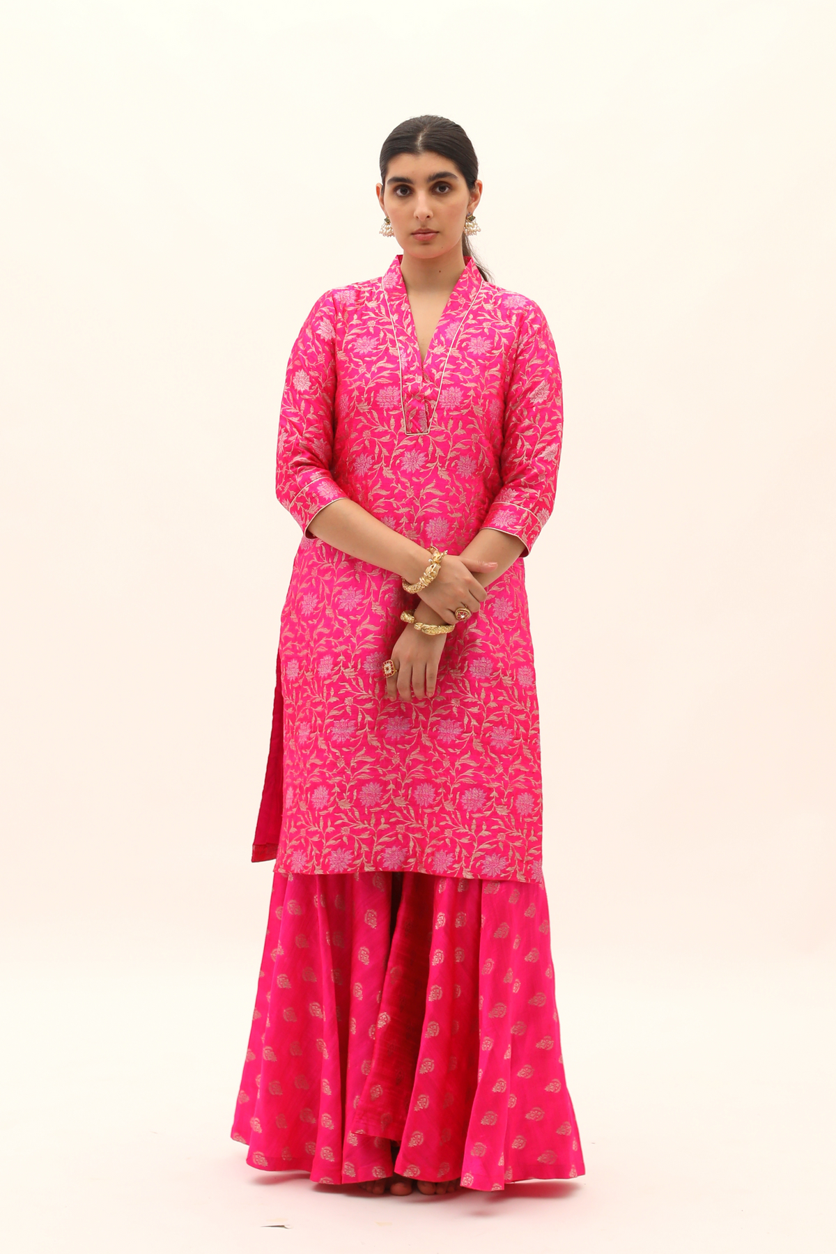 Pink Benarasi silk Kurta Butti Sharara Set