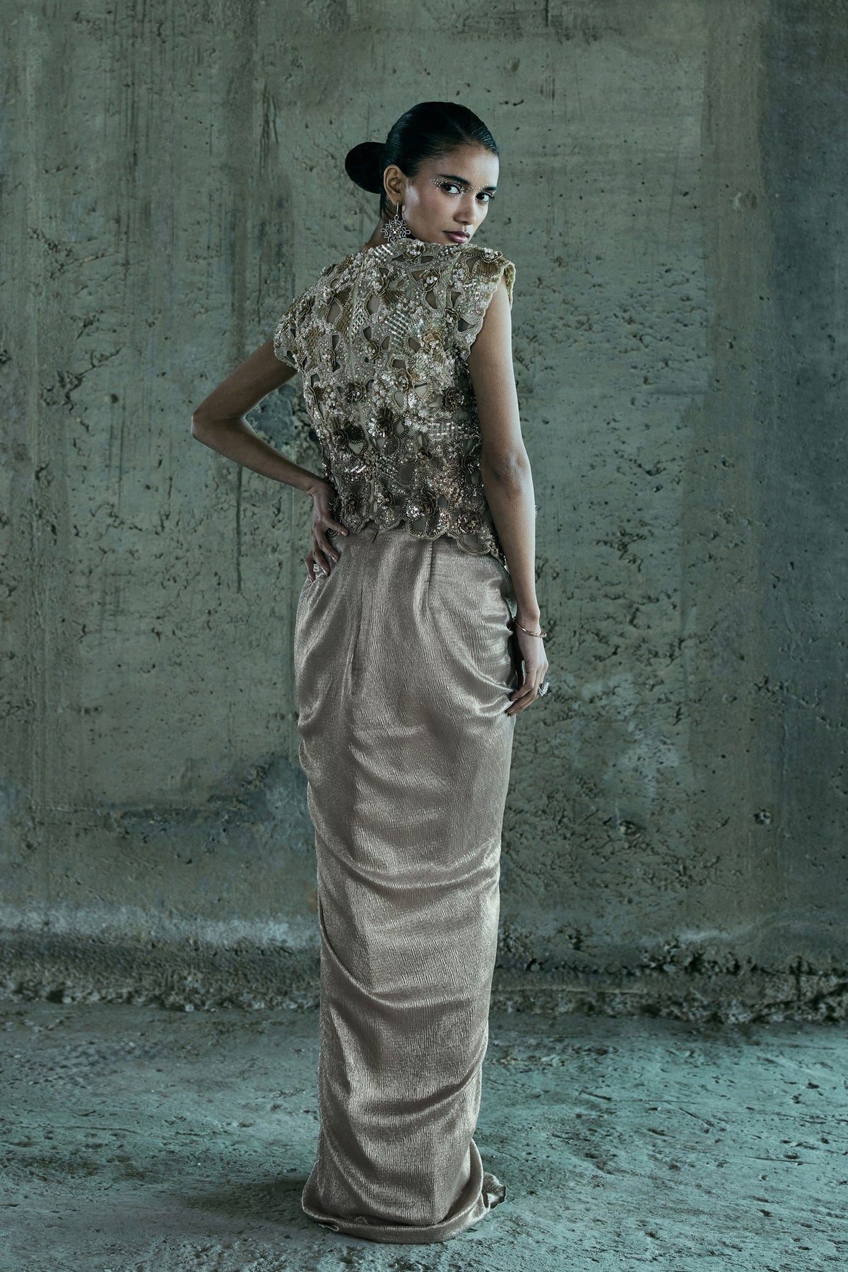Beige Cutwork Top and Skirt