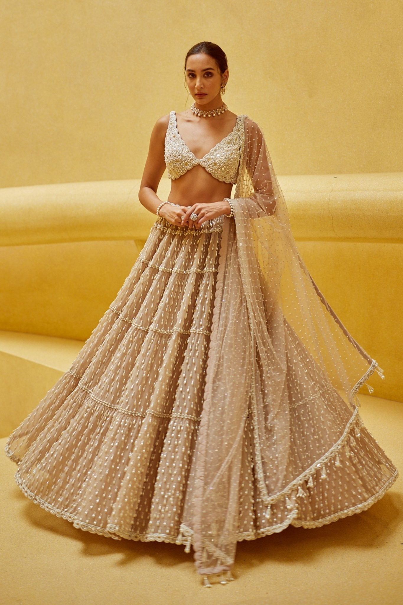 Light Beige Multi Tier Lehenga Set - Vvani by Vani Vats - Elahe