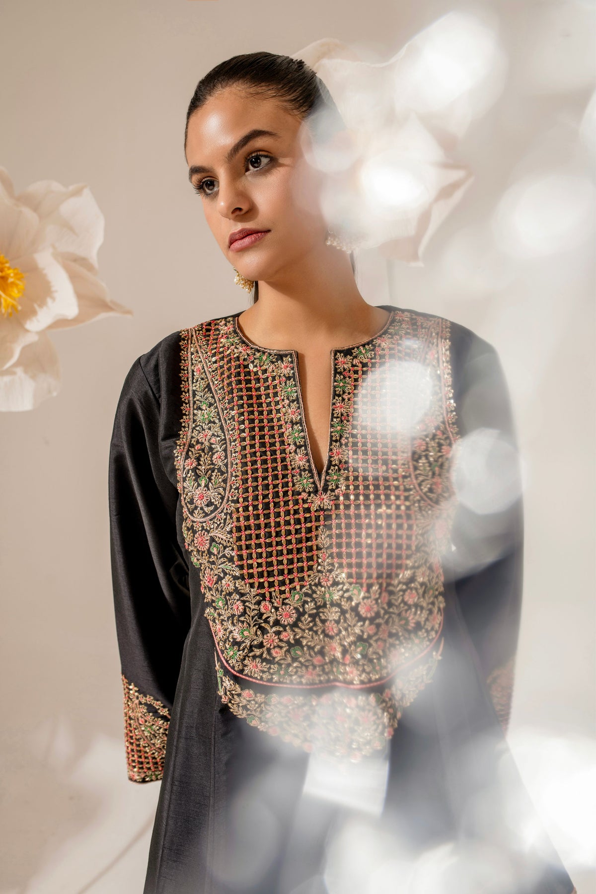 Black Silk Embroidered Kalidar Kurta Set