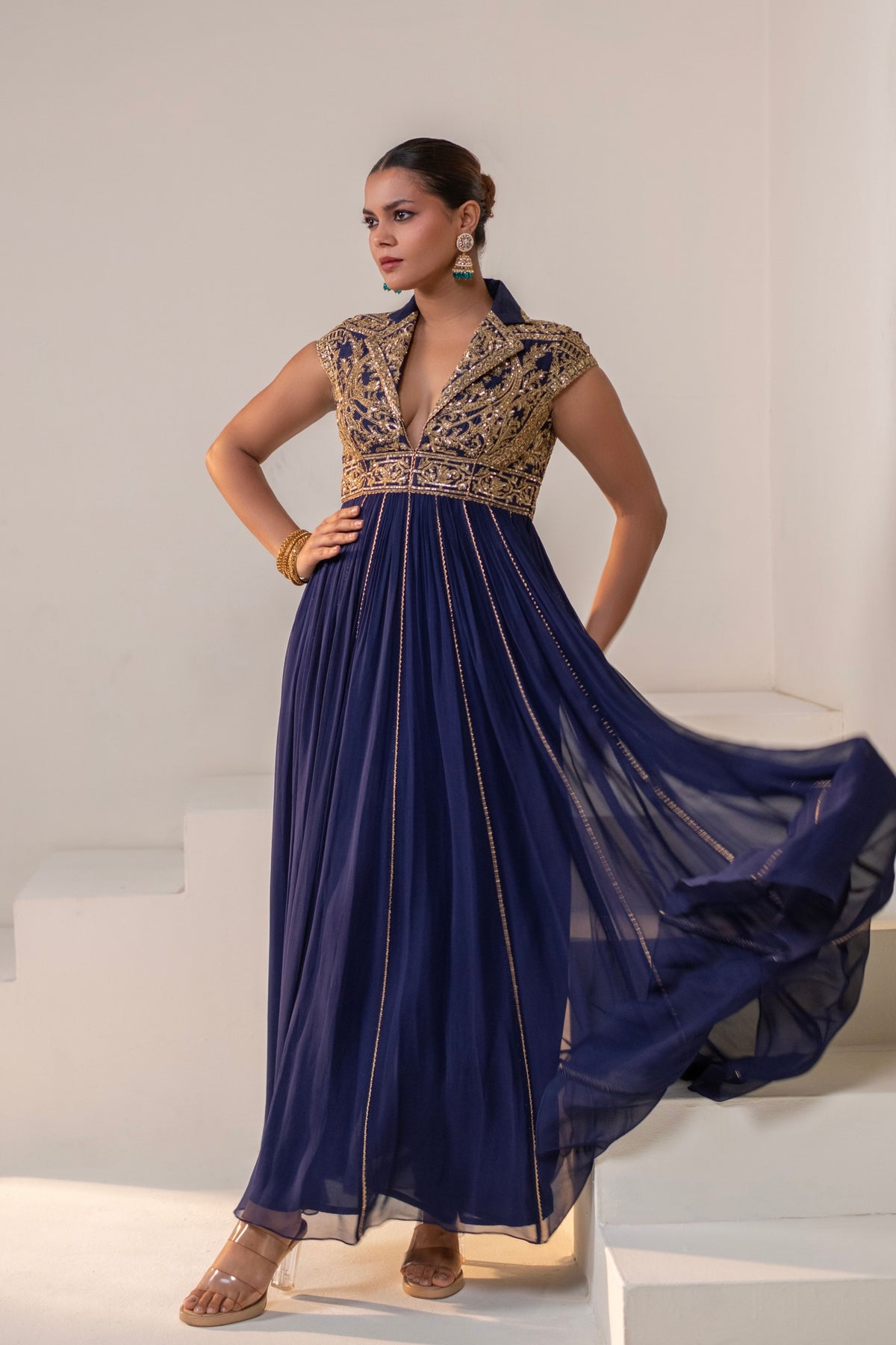 Navy Blue Lapel-Collared Anarkali