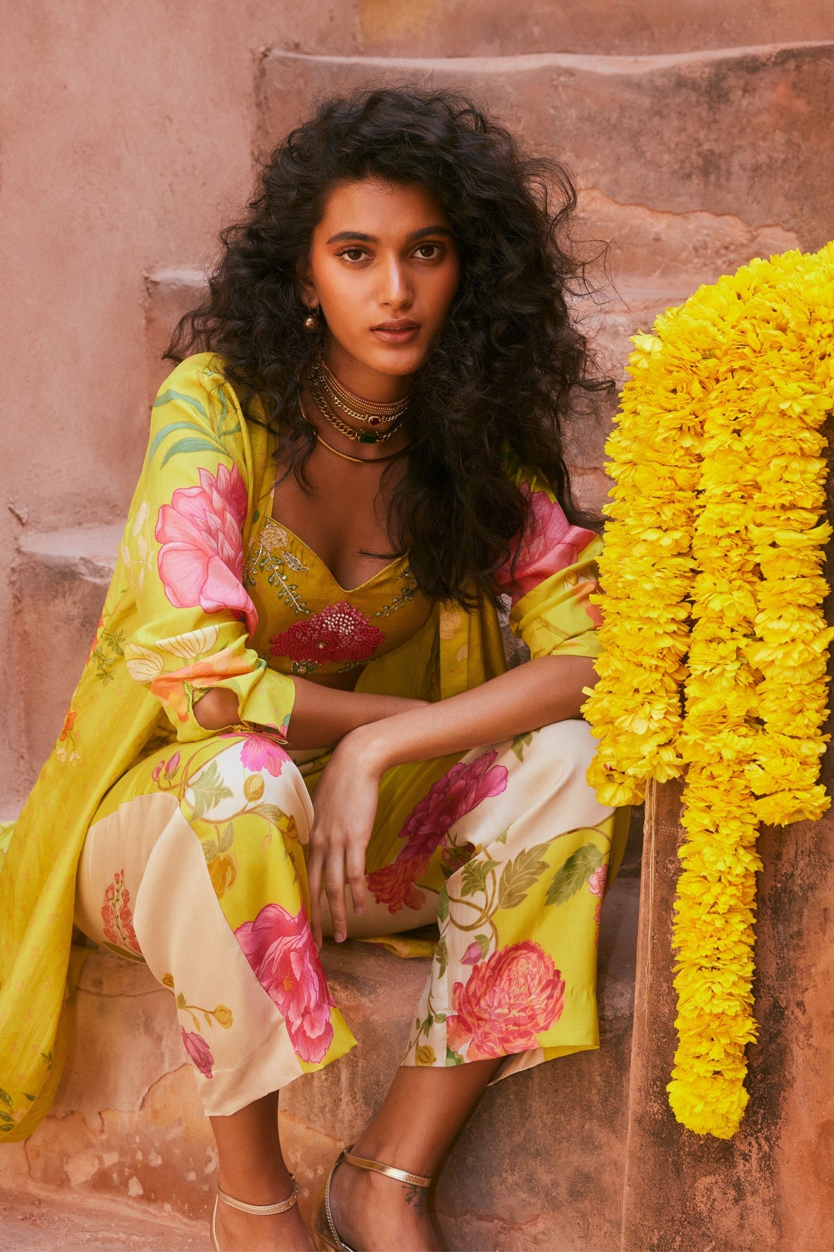 Printed Lime Yellow Jacket Set