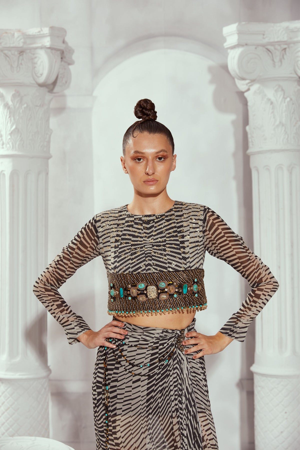 Byzantine Print Crop Top With Drapped Skirt