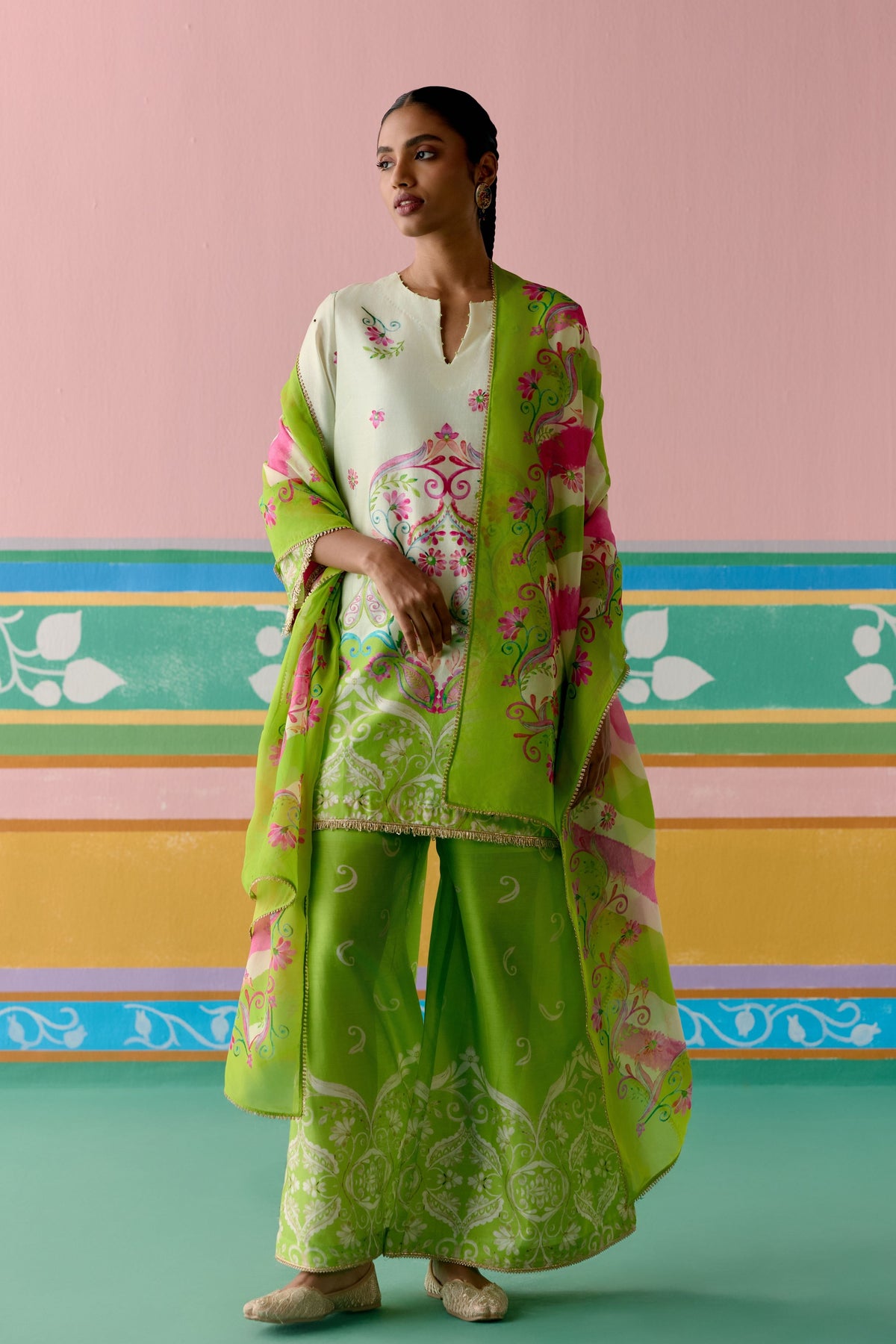 Lime Green Paisley Sharara Set