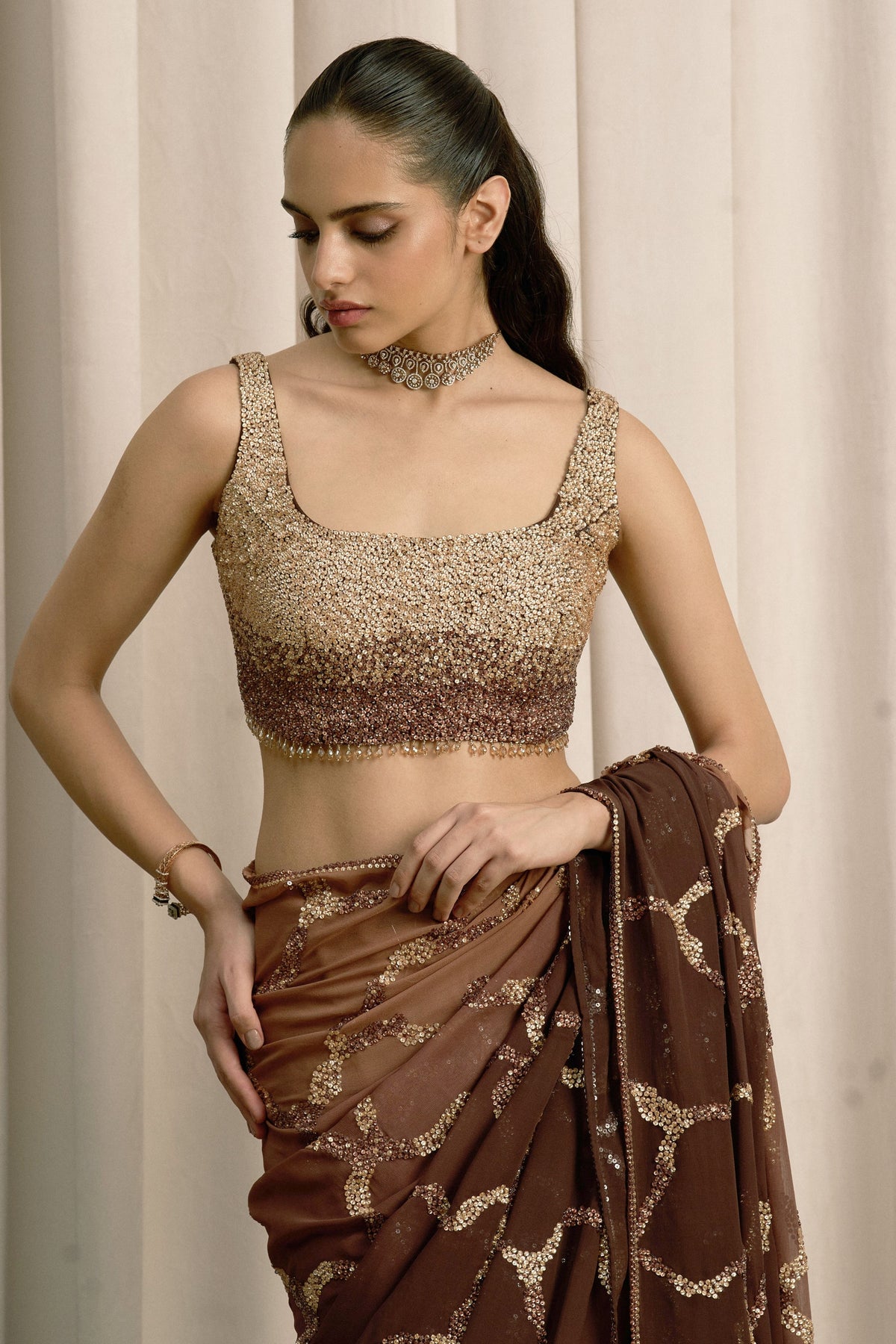 Brown Abstract Sequin Saree Set