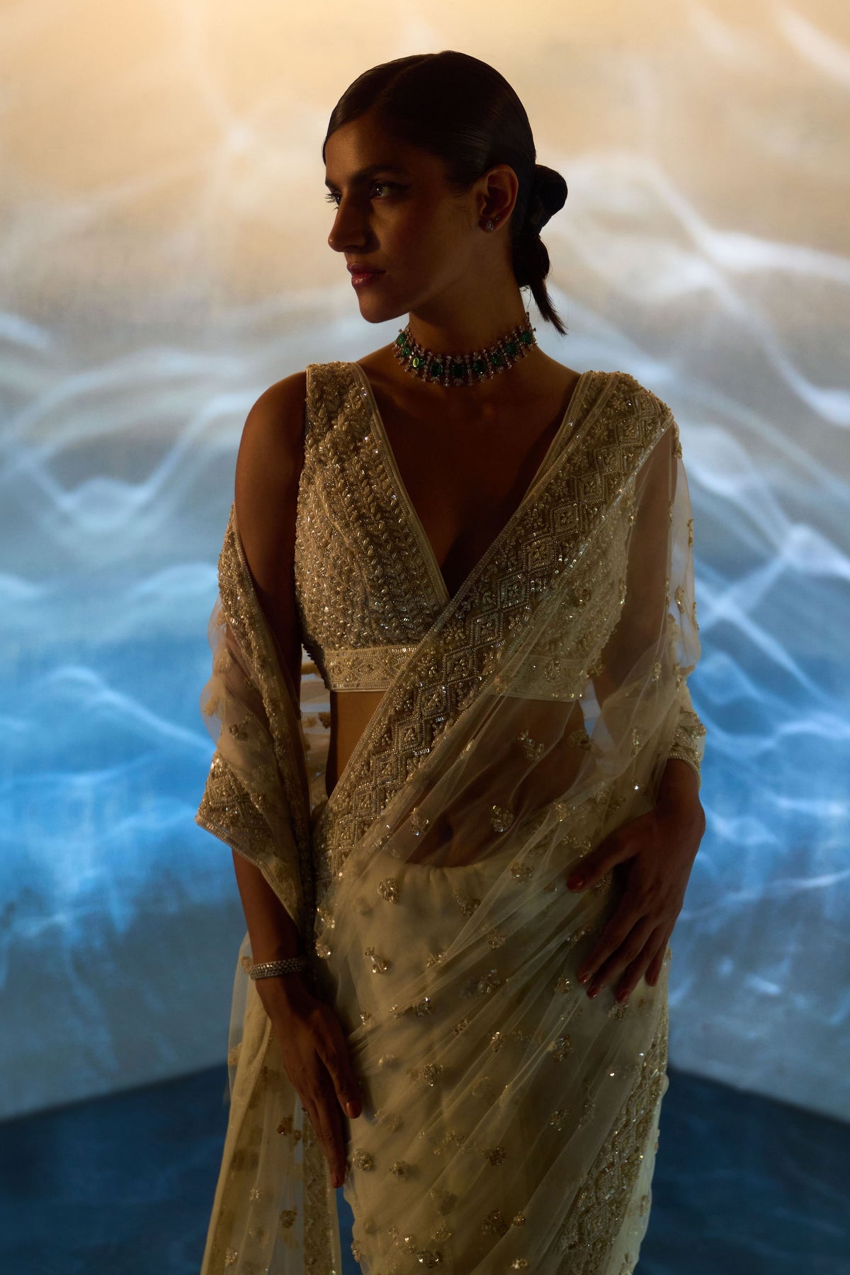 Ivory Embroidered Saree Set