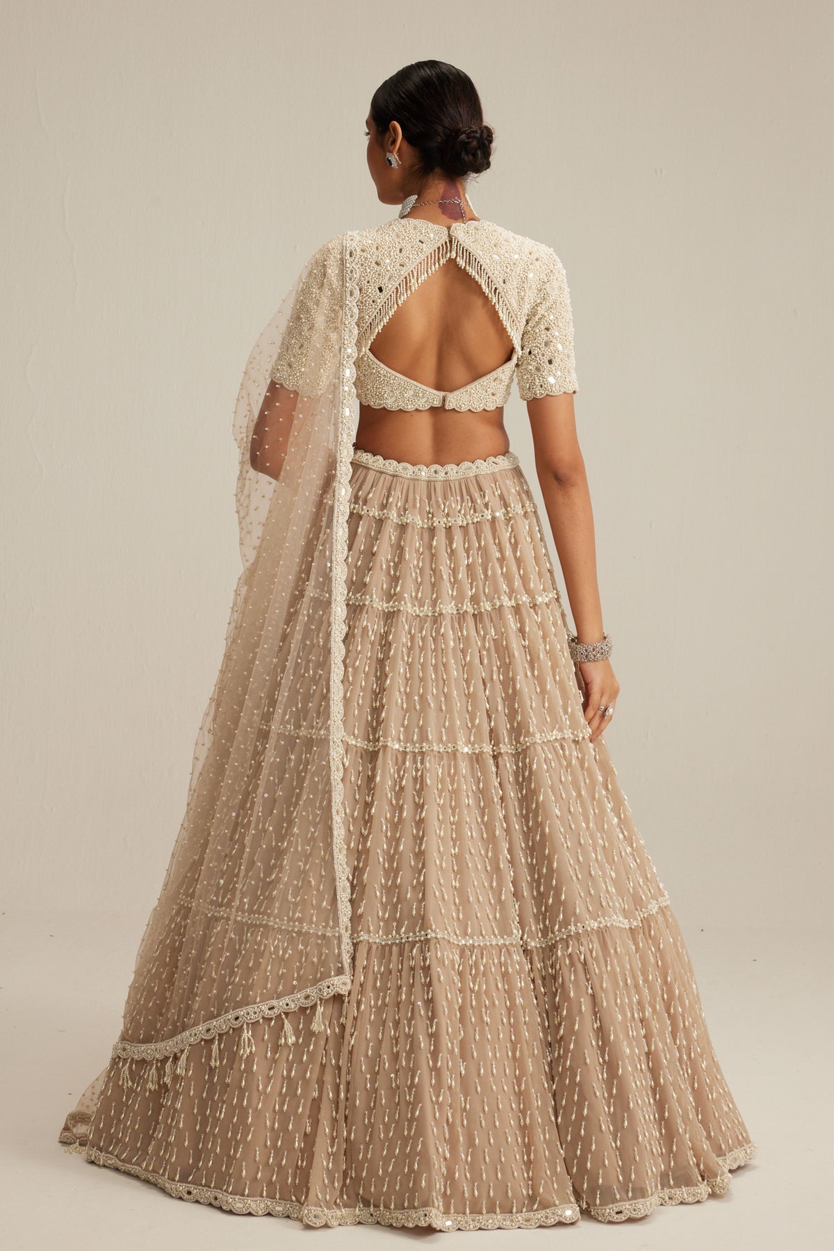 Light Beige Pearl Drop Multi Tier Lehenga Set
