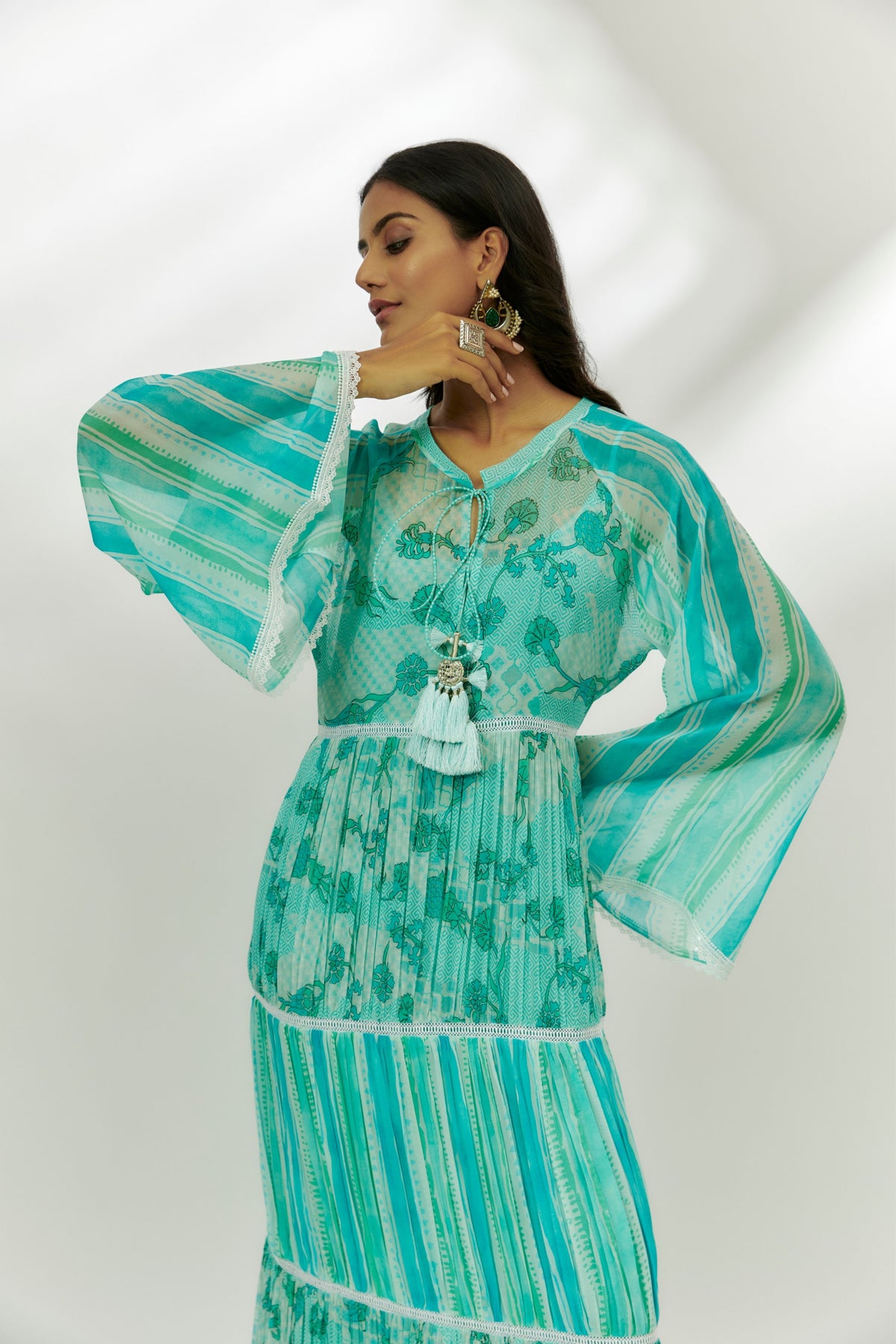 Cyan Blue Printed Tiered Dress