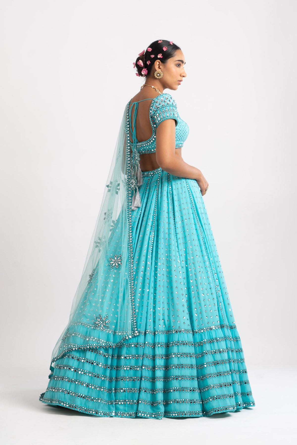 Mint blue single tier lehenga