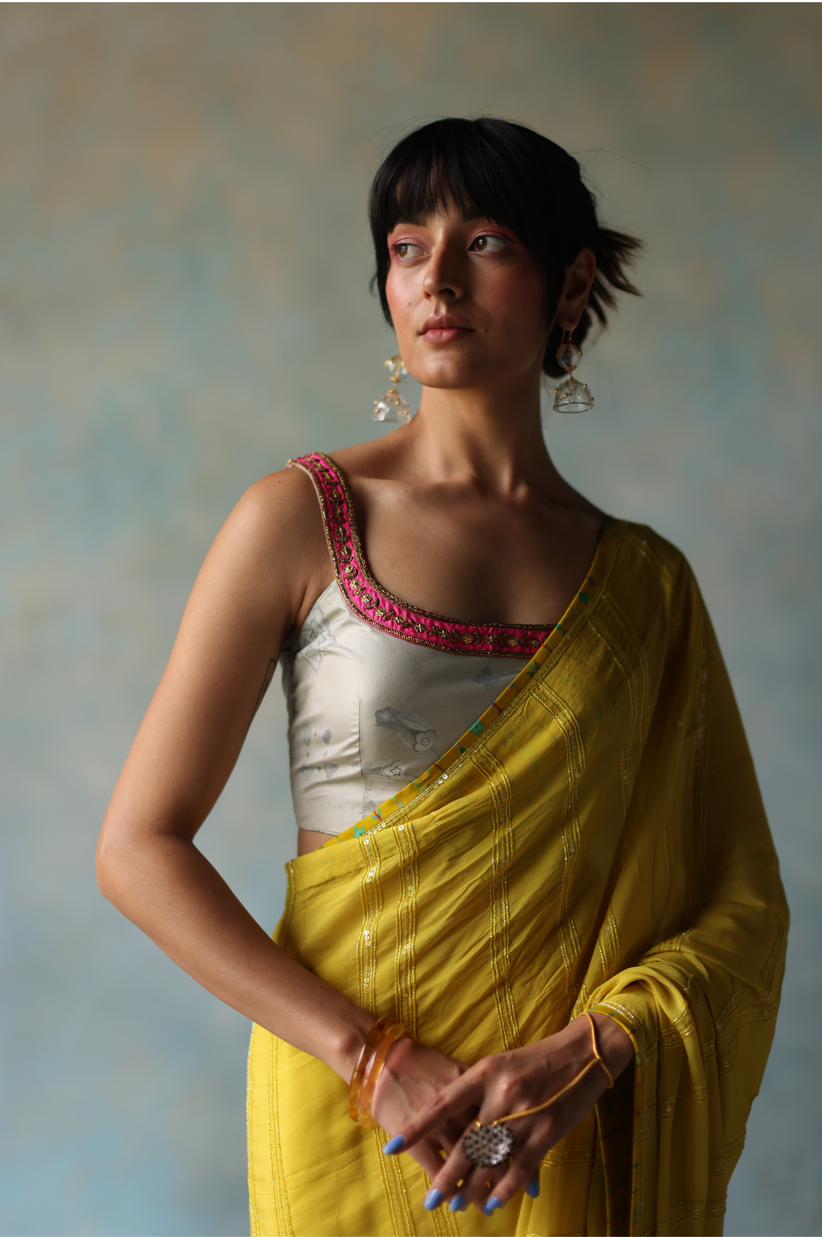 Gul Yellow Printed Stripe Crepe Sari
