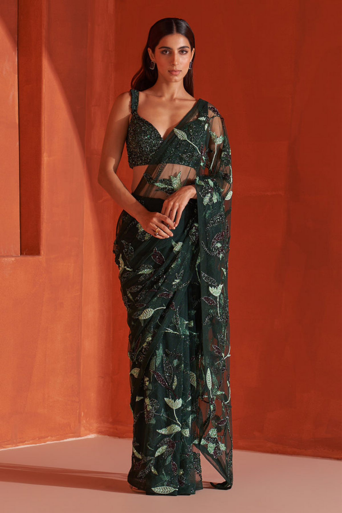 Hunter Green Net Saree