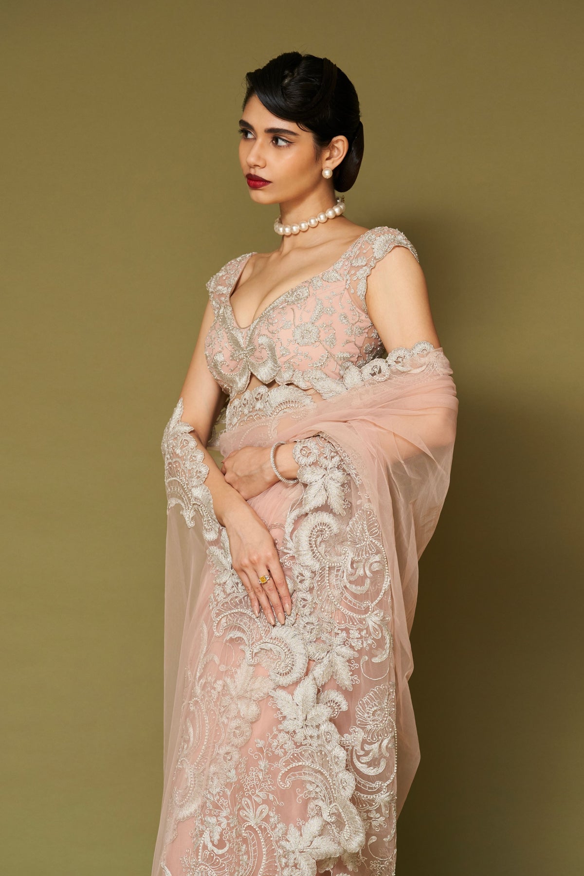 Blush Pink Embroidered Net Saree Set