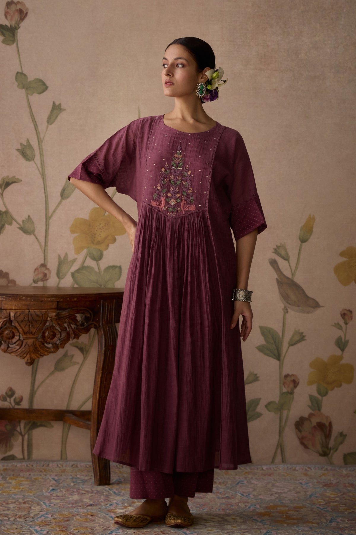 Wine Handwoven Kurta with pants
