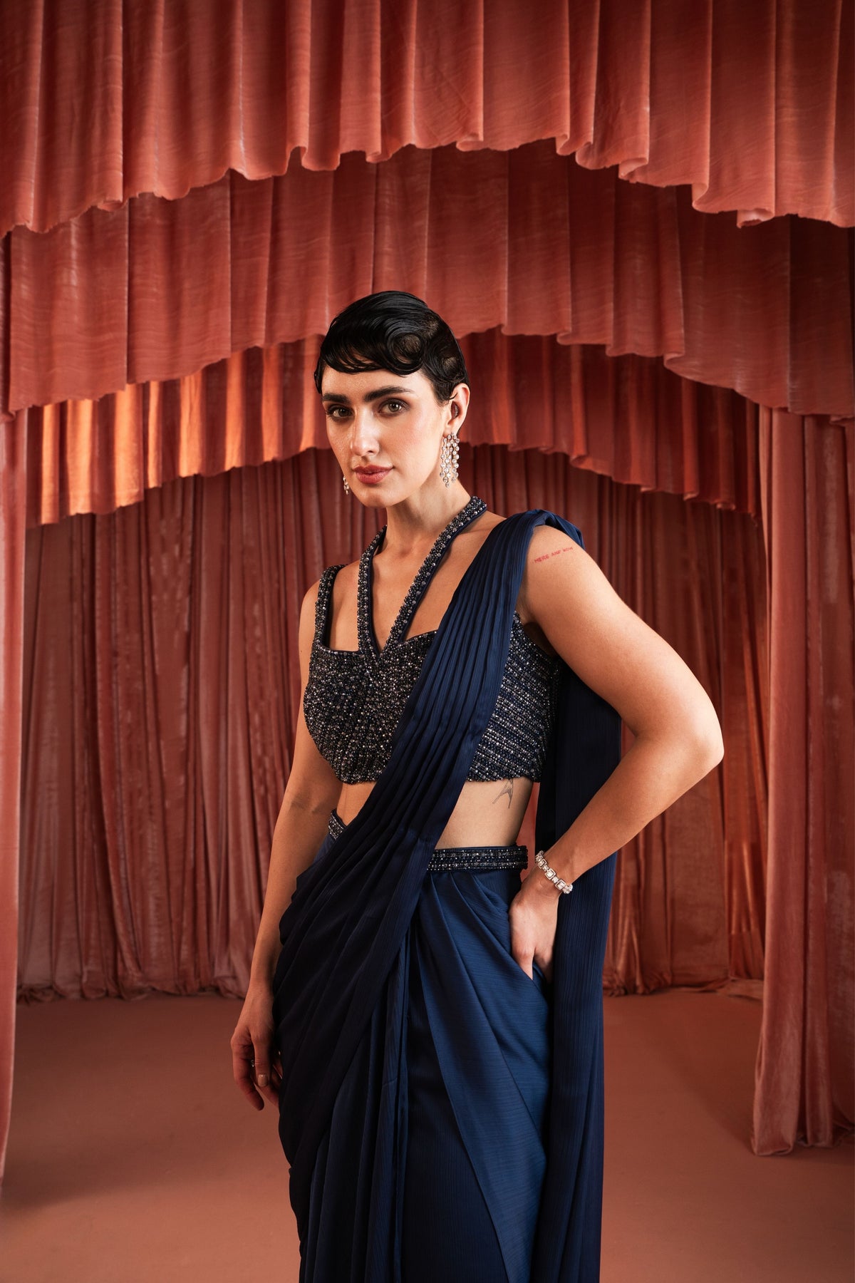 Blue Beaded Draped Saree Set