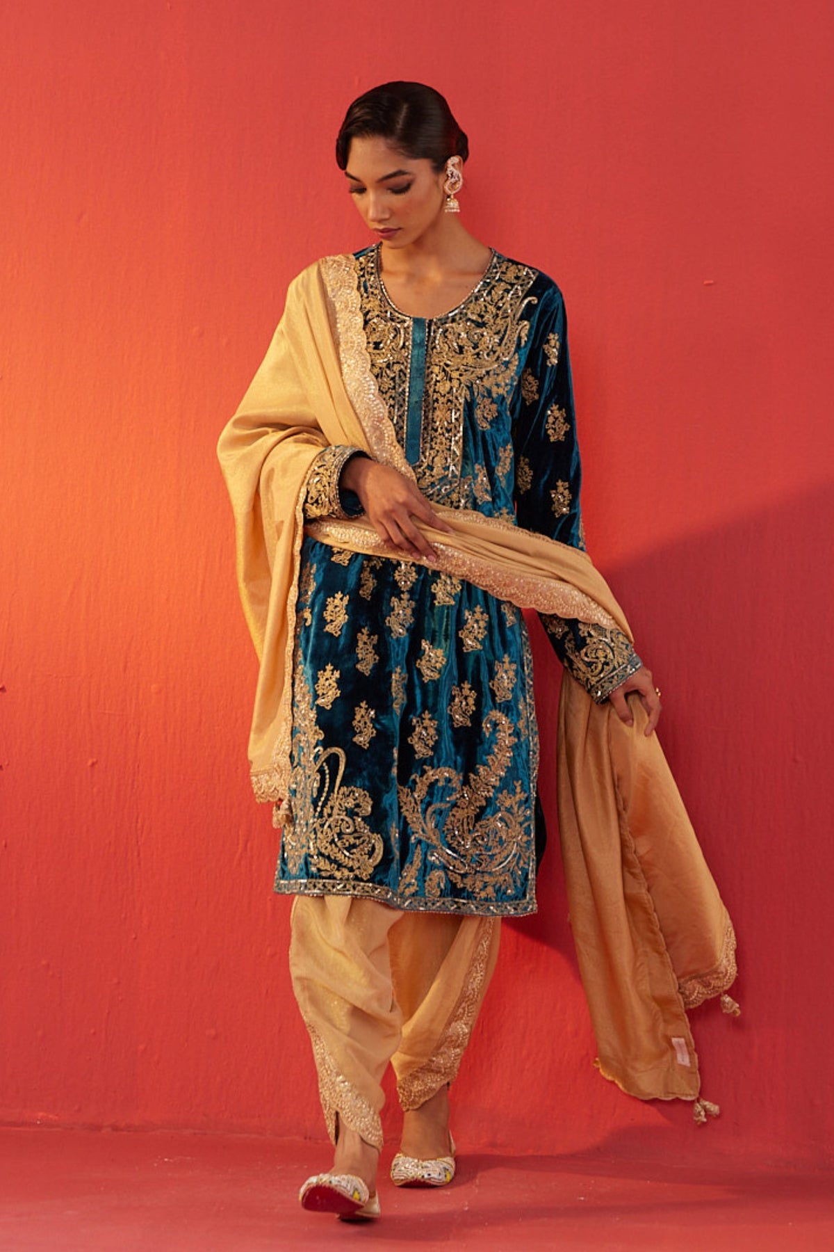Teal Blue Velvet Kurta Set