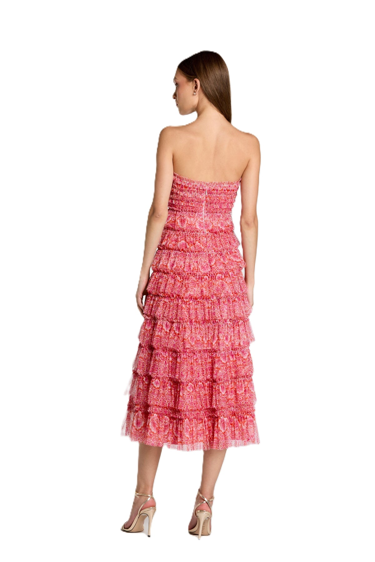 Pink Floral Ruffle Midi Dress