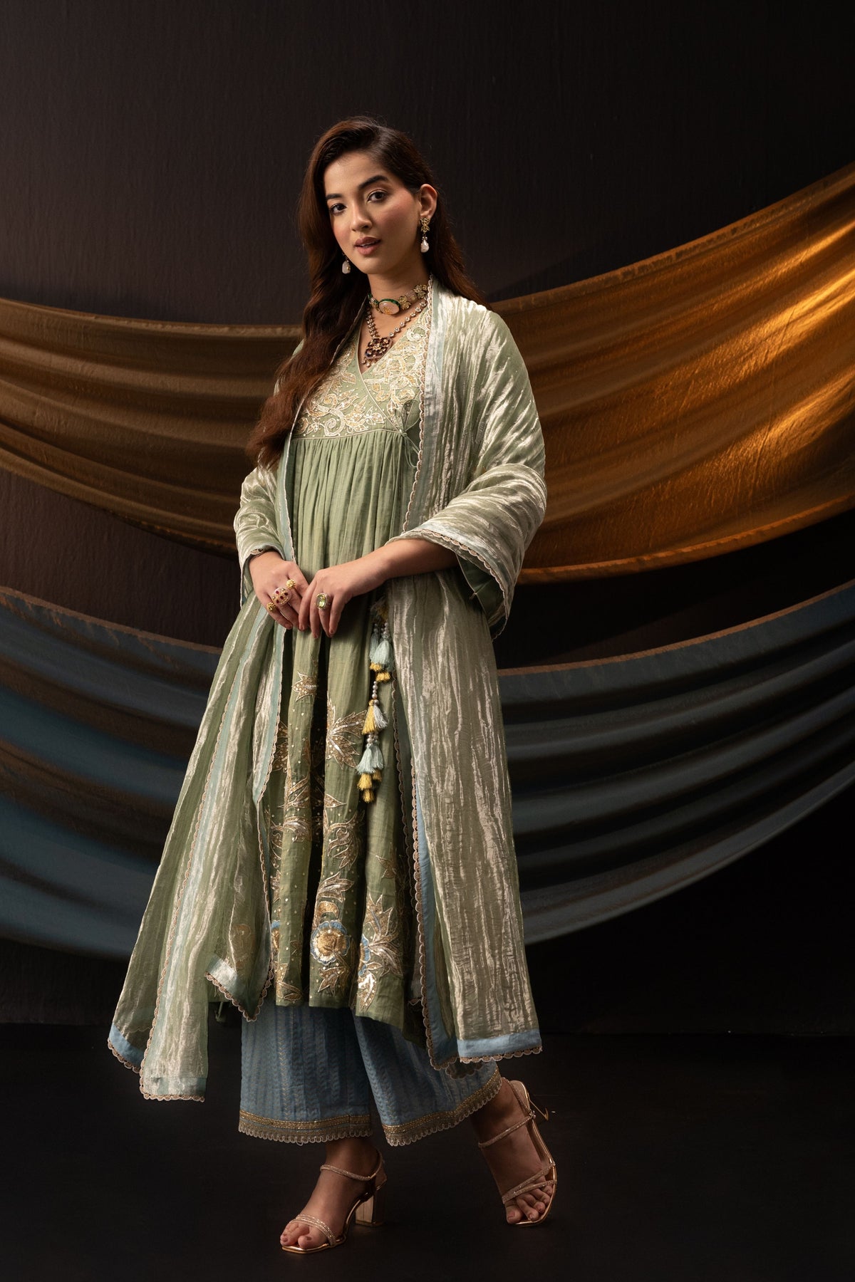 Teal 3D Embroidered Kurta Set
