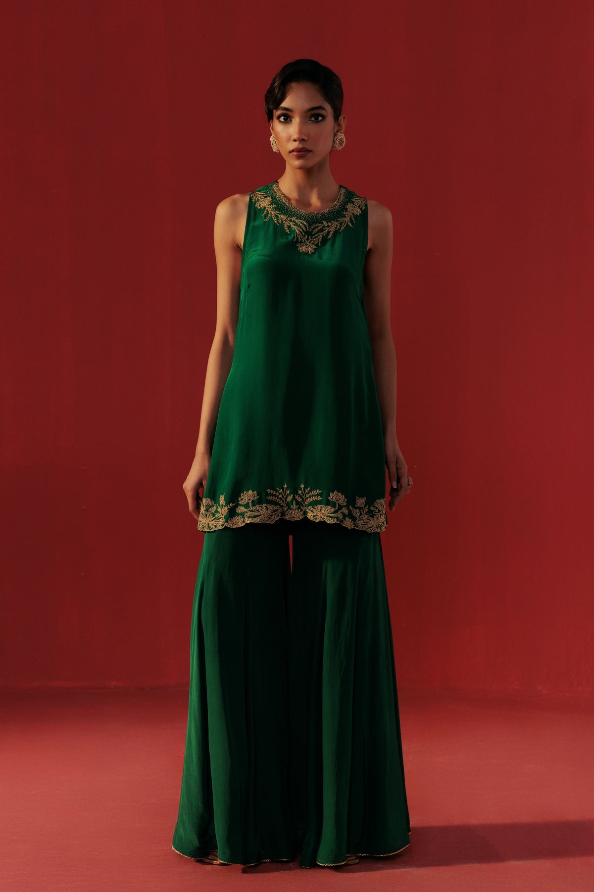 Satin Crepe Green Sharara Set