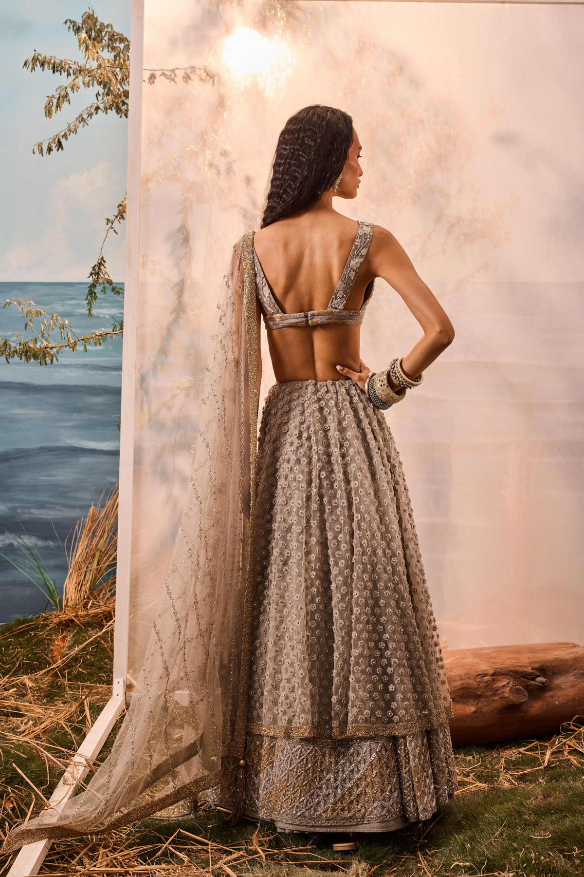 Grey 3d Flower Lehenga Set
