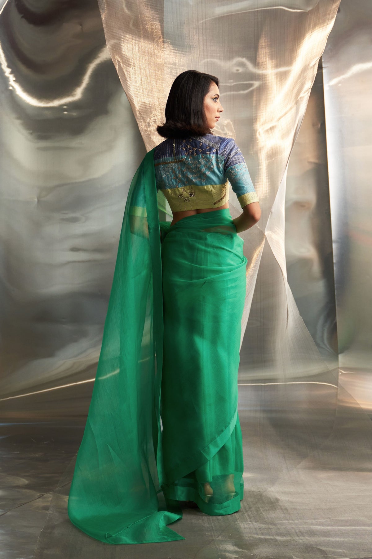 Green Saree Sleeves Blouse Set