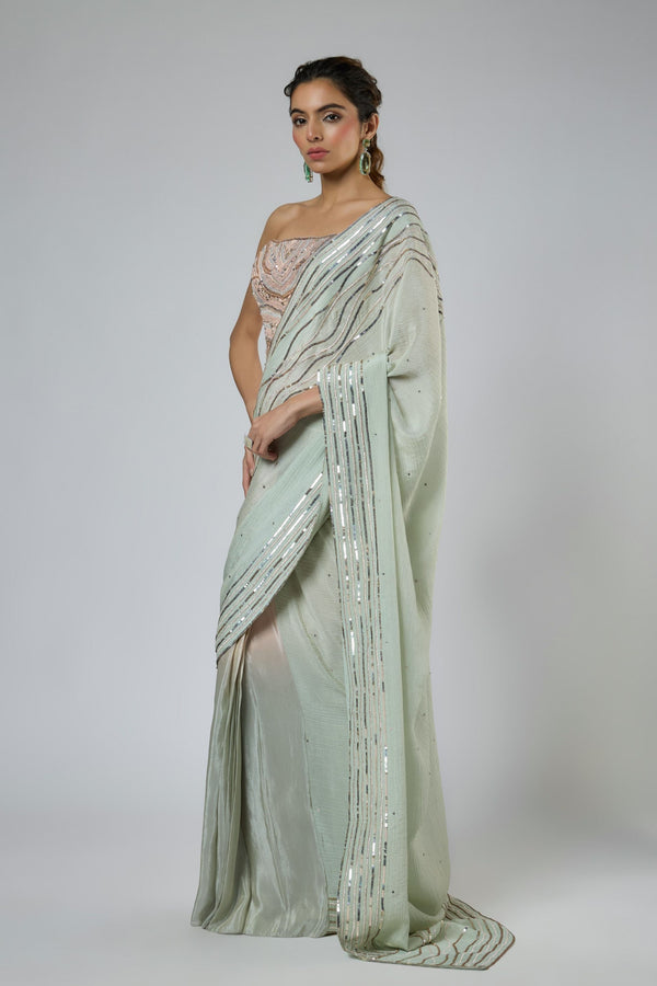 Masumi Mewawalla - Mint Ombre Draped Saree Set - Elahe