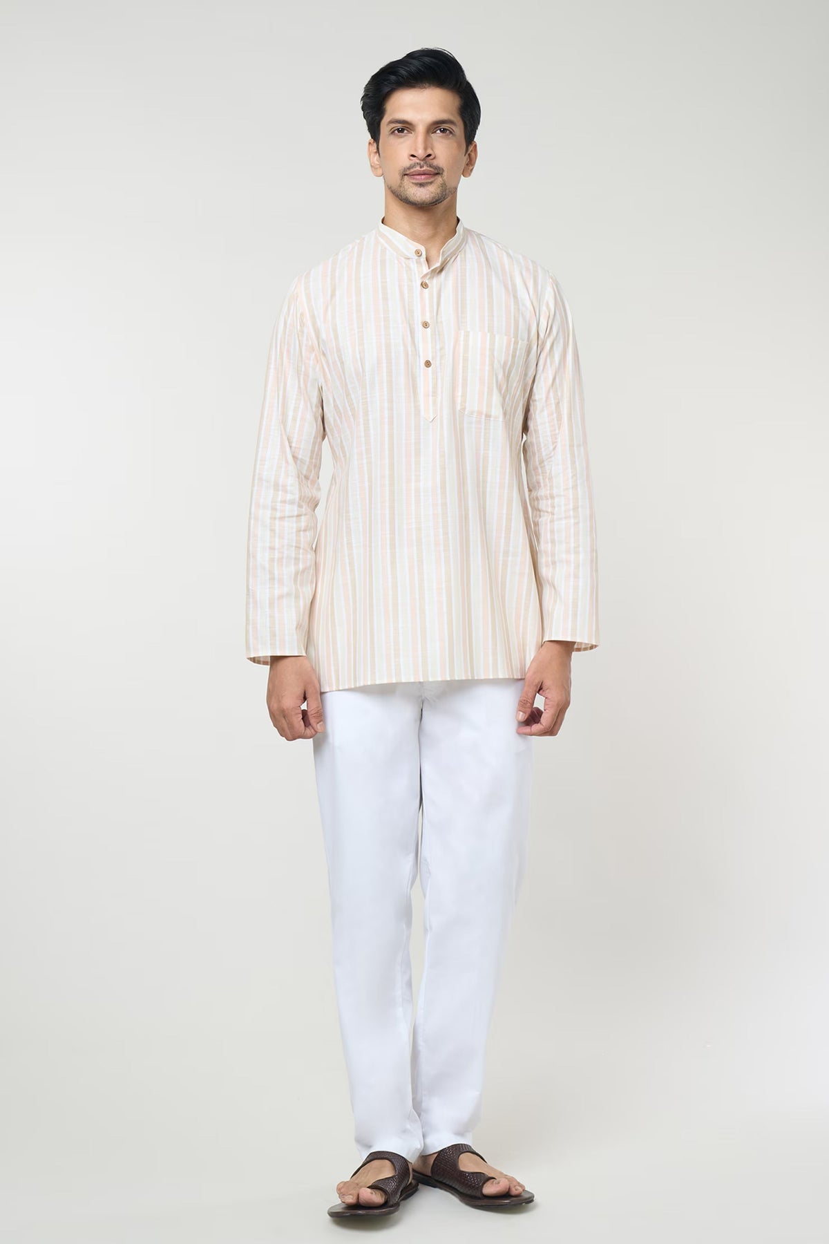 Beige Striped Printed Shirt Set