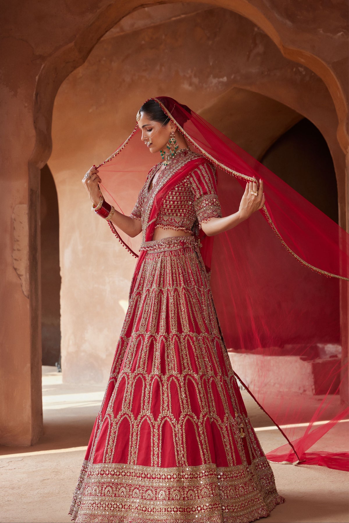 Blood Red Zardozi Work Raw Silk Lehenga Set