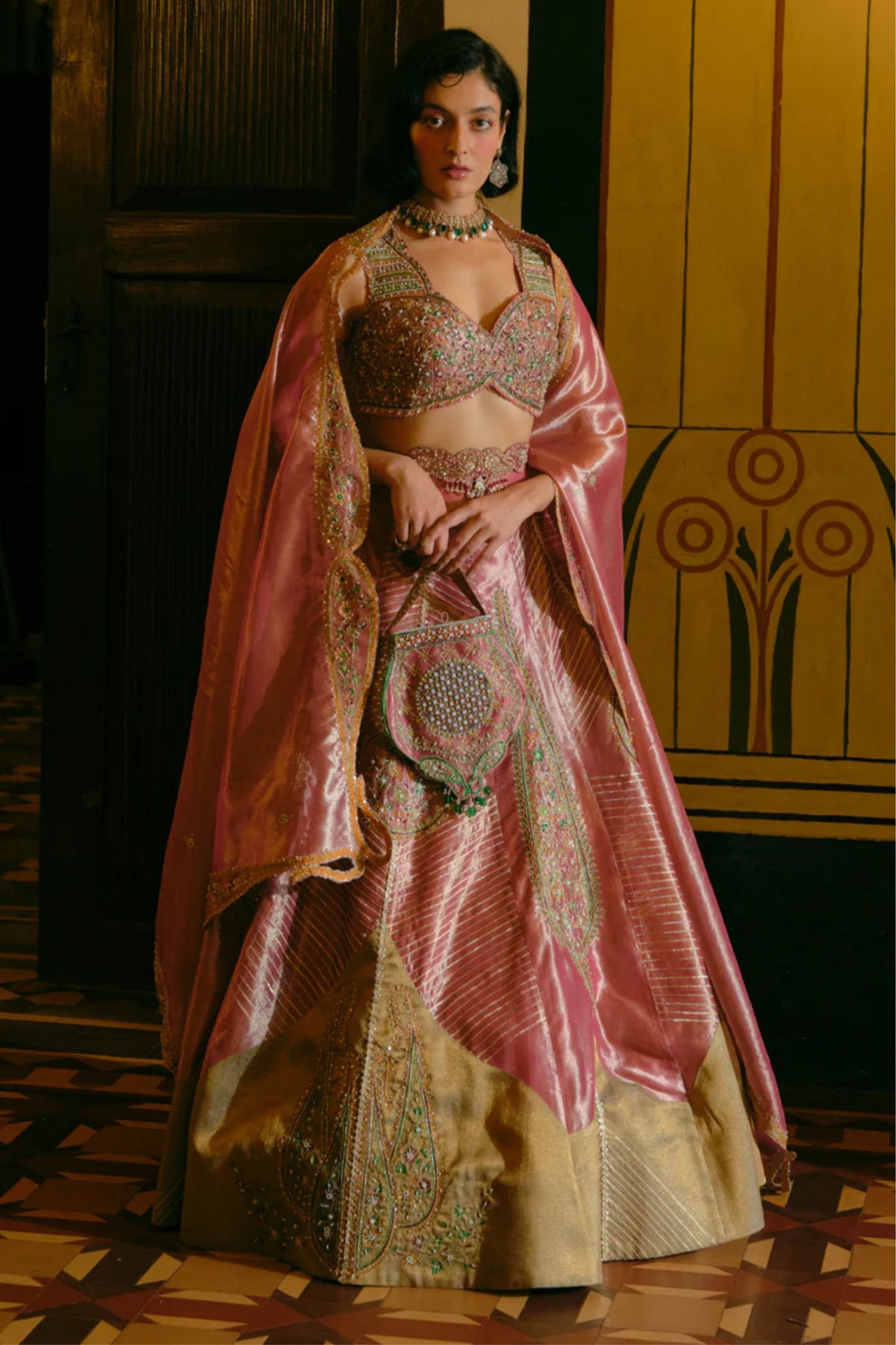 Pink  Tissue Lehenga Set