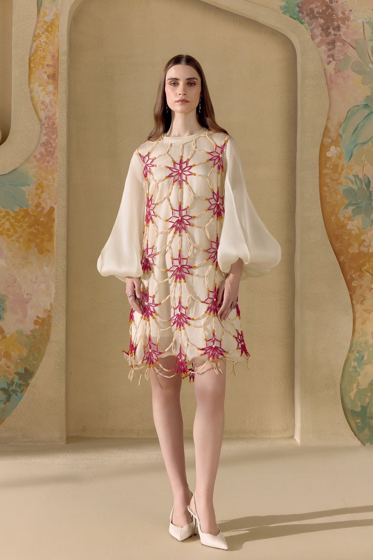 Ivory Mosaic Mesh Layered Dress