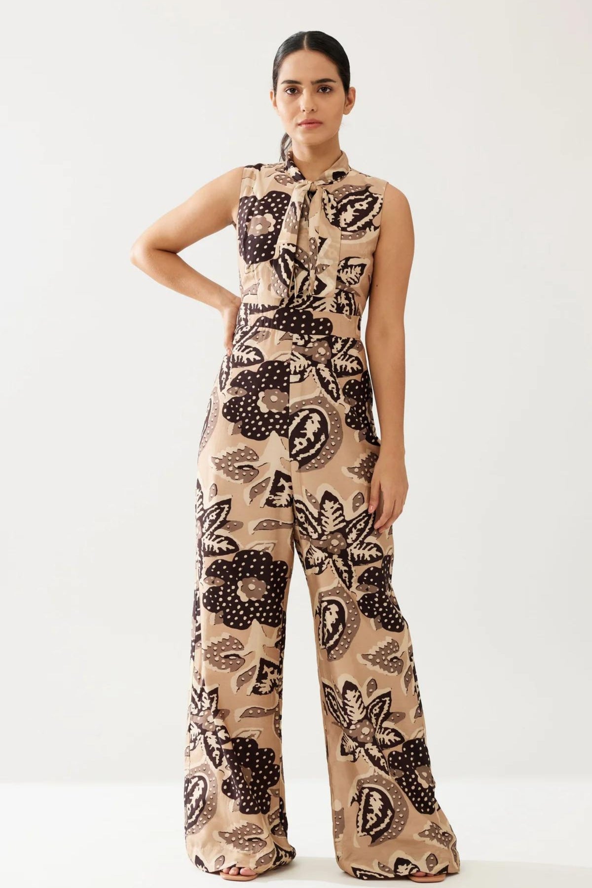 Cream And Brown Jumpsuit