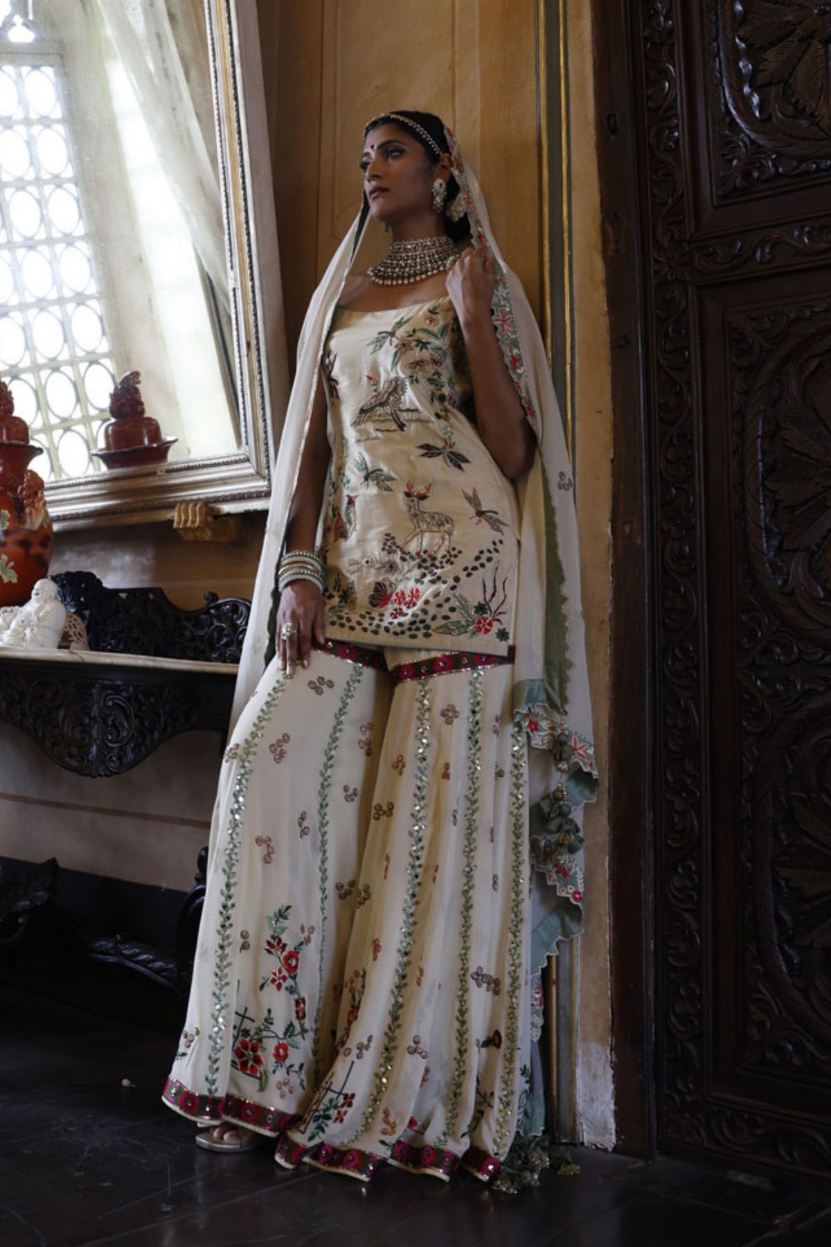 Machine Embroidered Kurta, Sharara and Dupatta