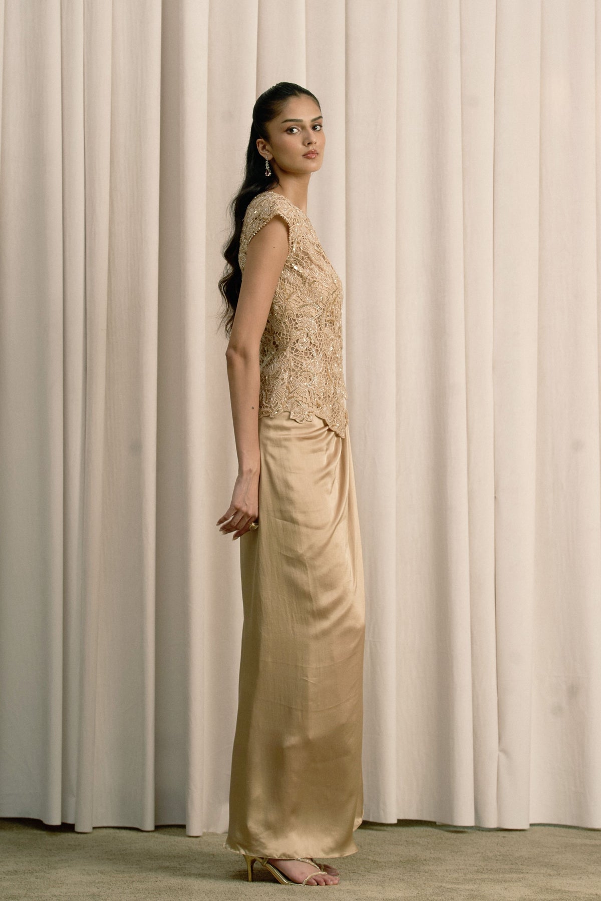 Beige Cutwork Pick-Up Skirt Set