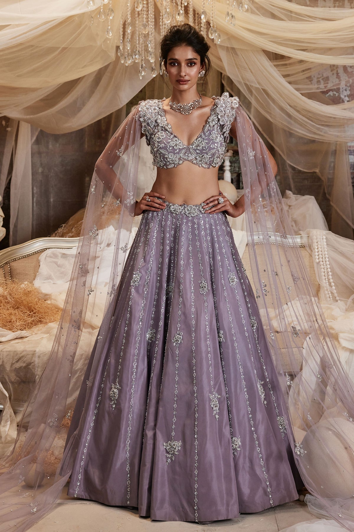 Canis Lilac Cape Lehenga Set