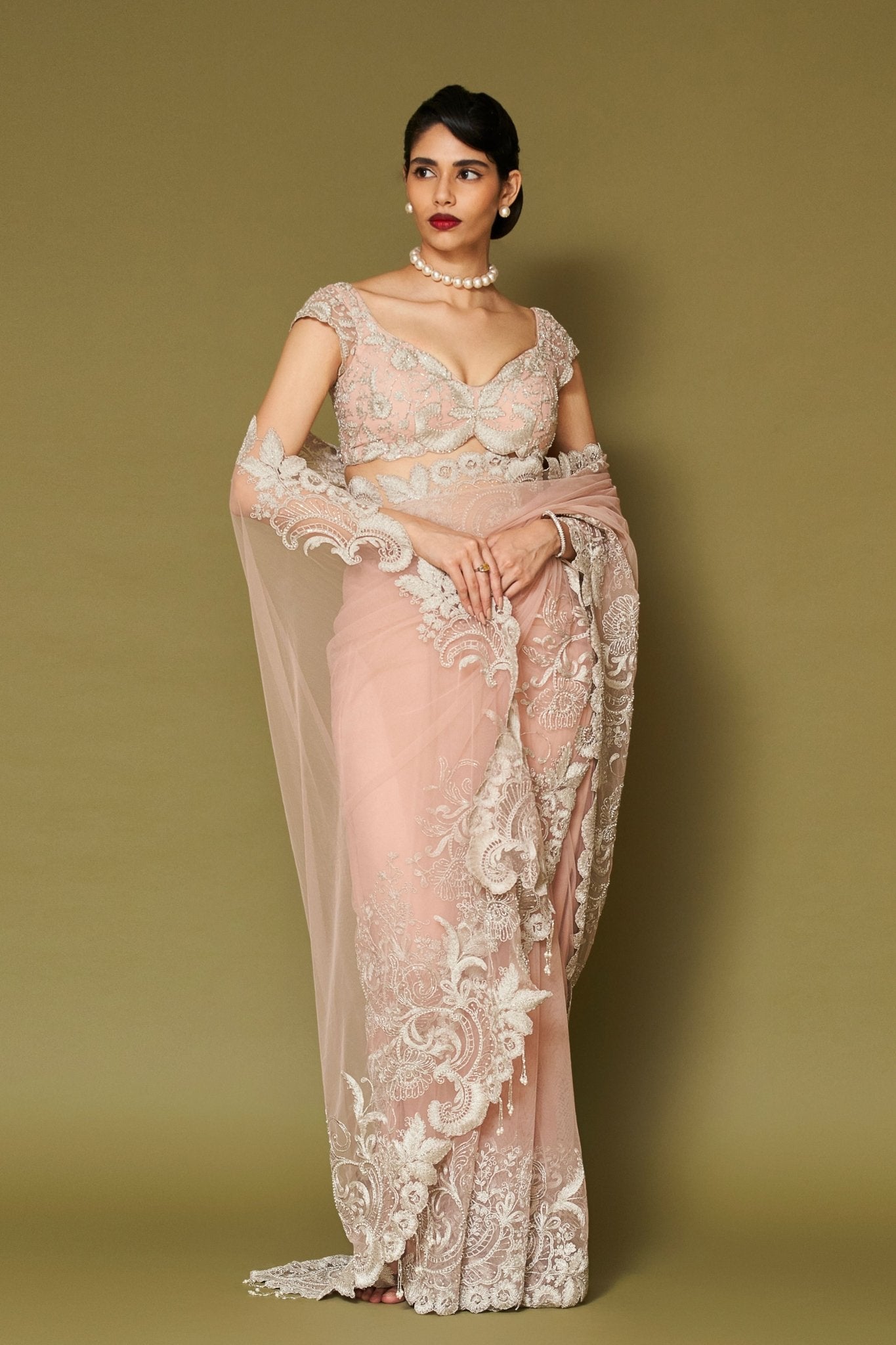 Blush Pink Embroidered Net Saree Set - Devnaagri - Elahe