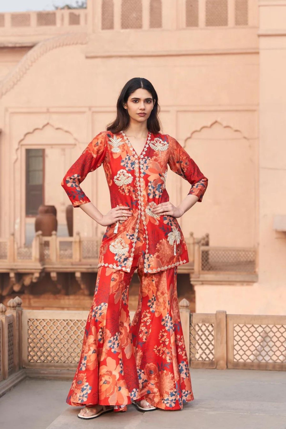 Red Moroccan Zari Buta Jacket Sharara Set