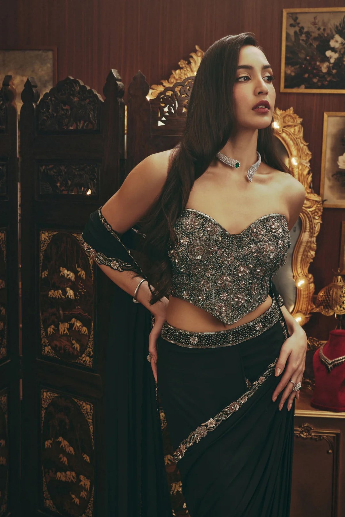 Nina Black Draped Saree Set