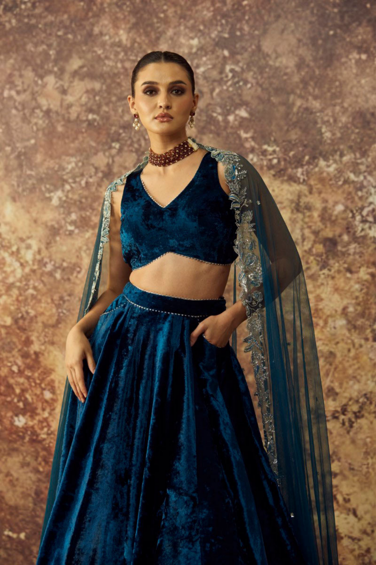 Solid Navy Blue Velvet Lehenga Set