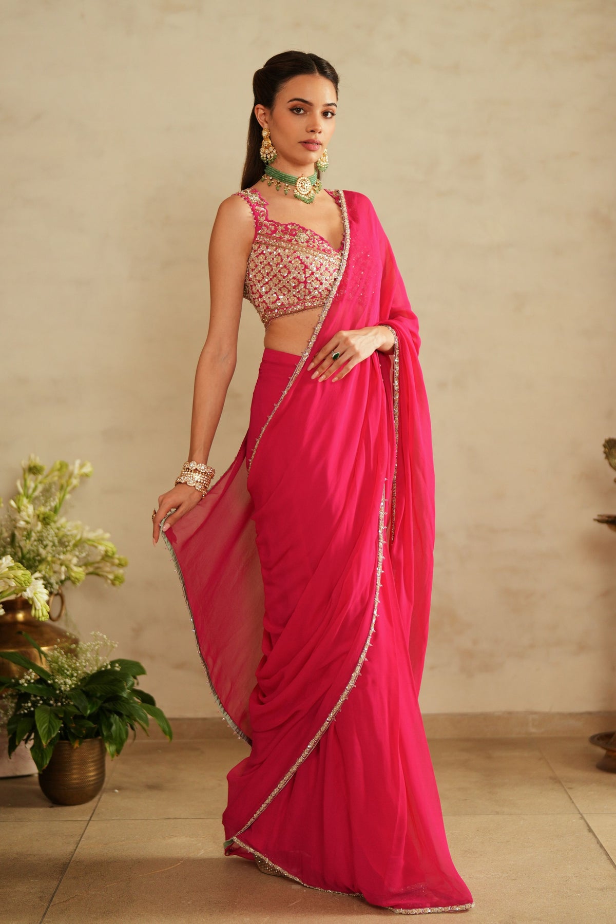 Hot Pink Pre Draped Saree