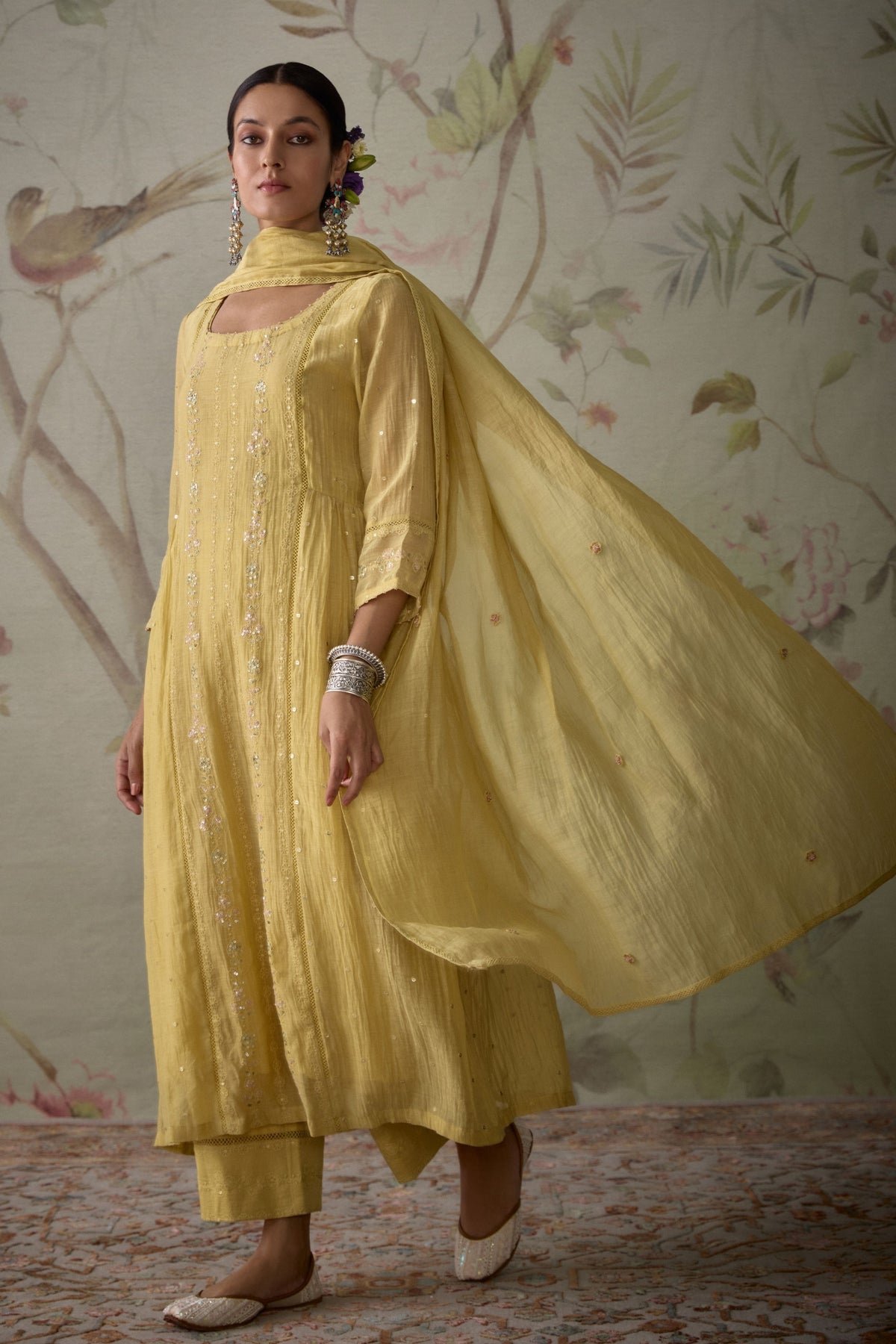 Lemon Yellow Panelled Kurta Set
