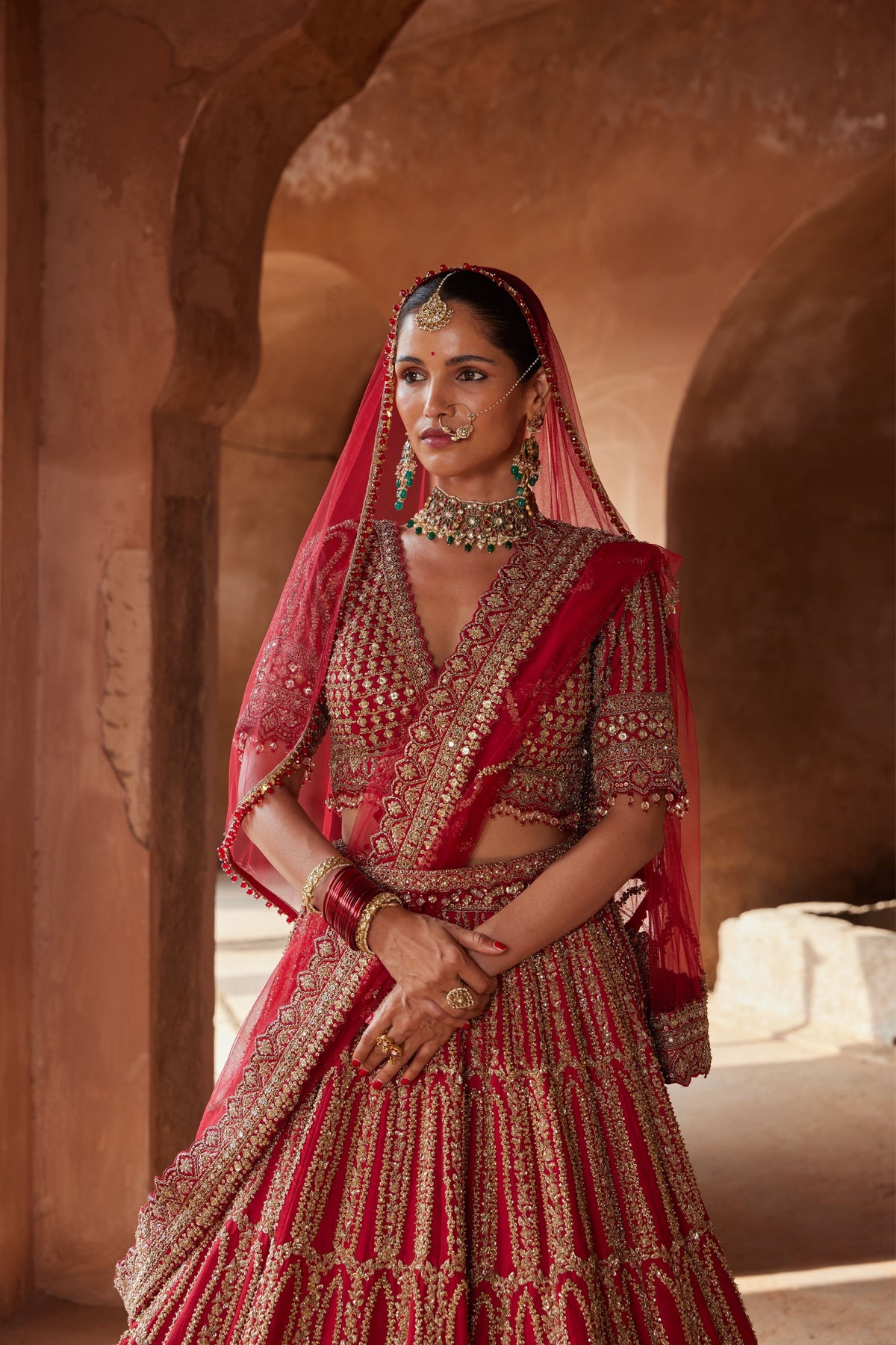 Blood Red Zardozi Work Raw Silk Lehenga Set