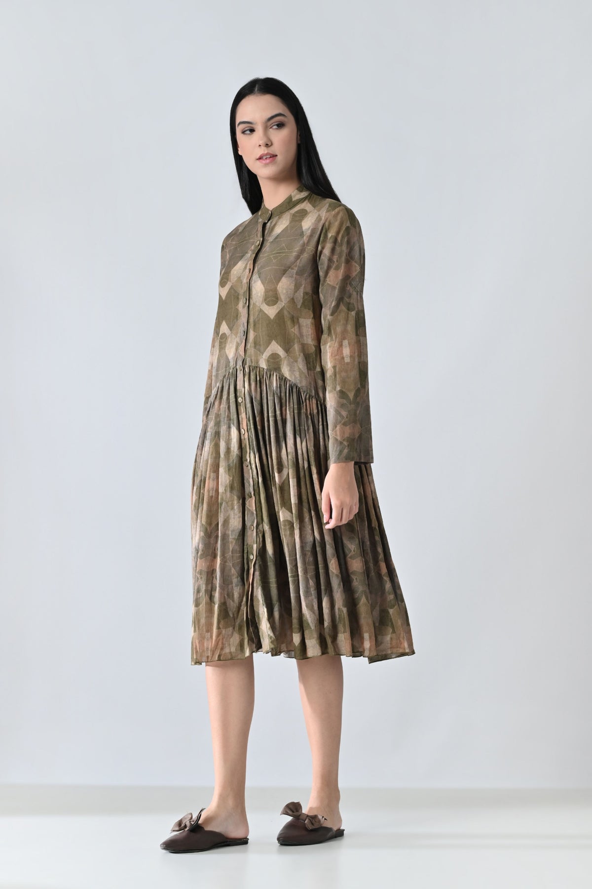 Beige Printed Pleated Dress
